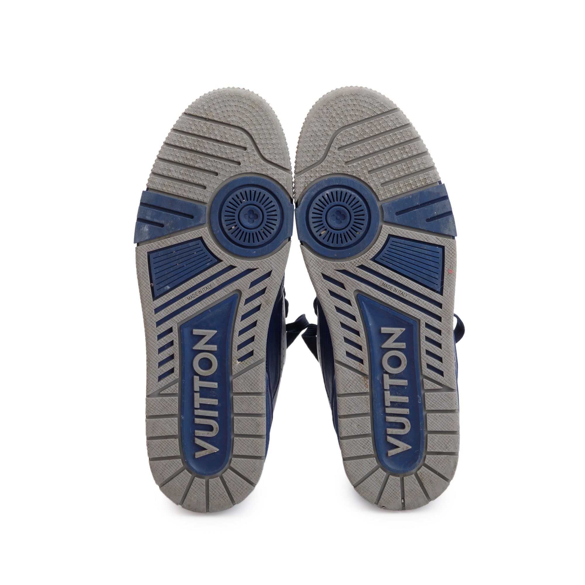 Louis Vuitton 2022 Blue/Grey Calfskin LV Trainer Sneakers, Size 7.5 w/ Box