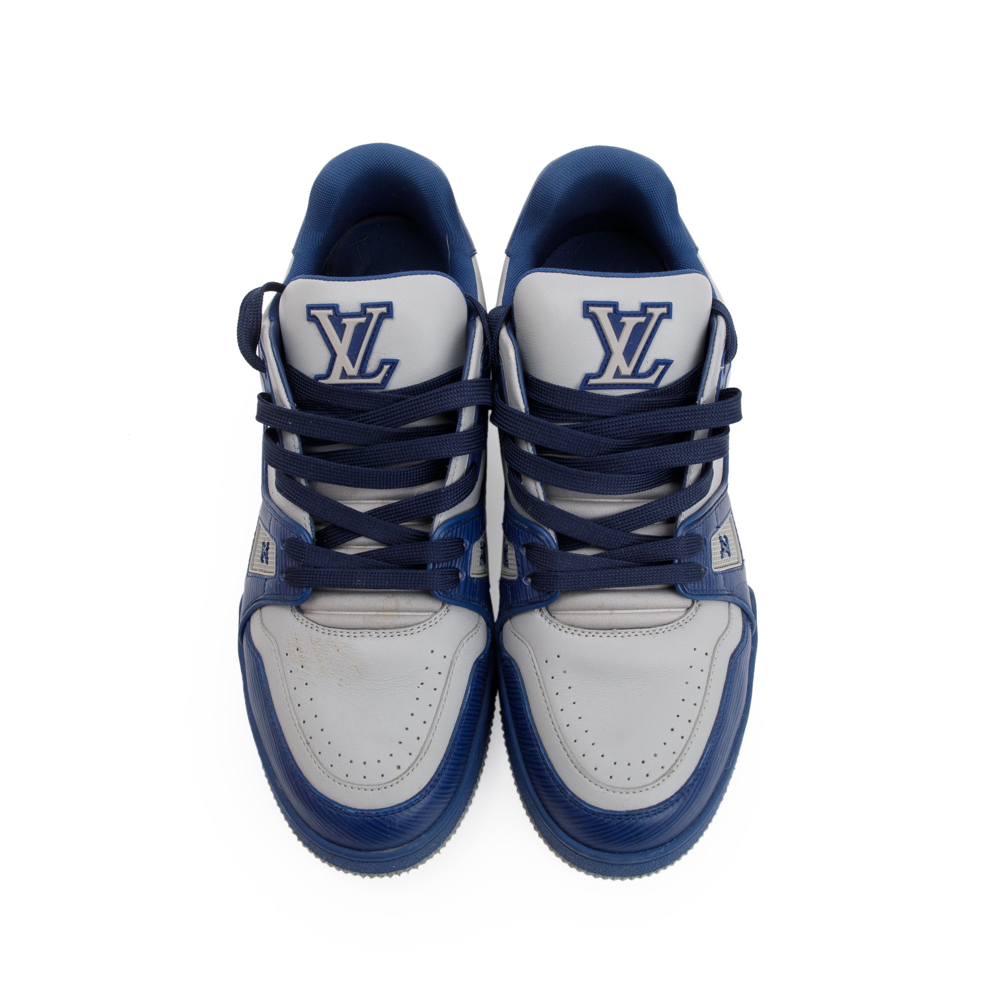 Louis Vuitton 2022 Blue/Grey Calfskin LV Trainer Sneakers, Size 7.5 w/ Box