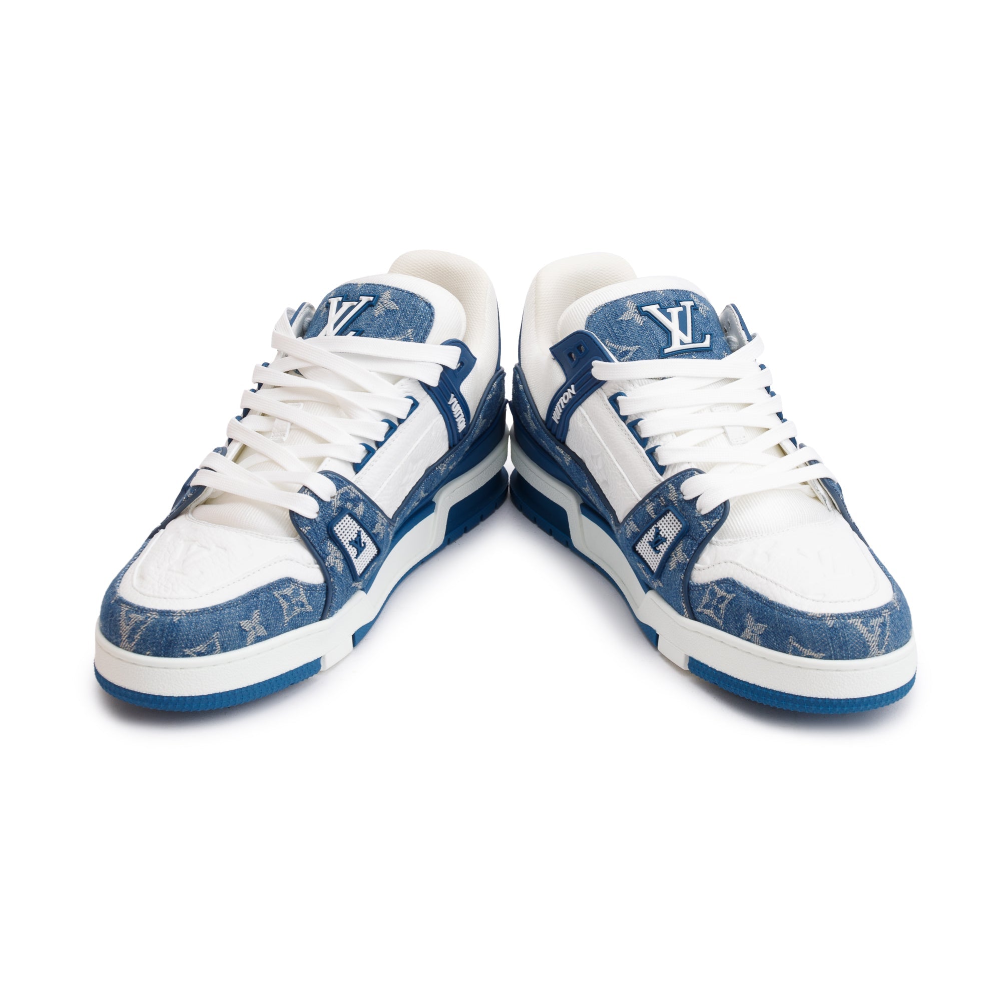 Louis Vuitton 2022 Blue/White Denim Calfskin LV Trainer Sneakers, Size 10 w/ Box