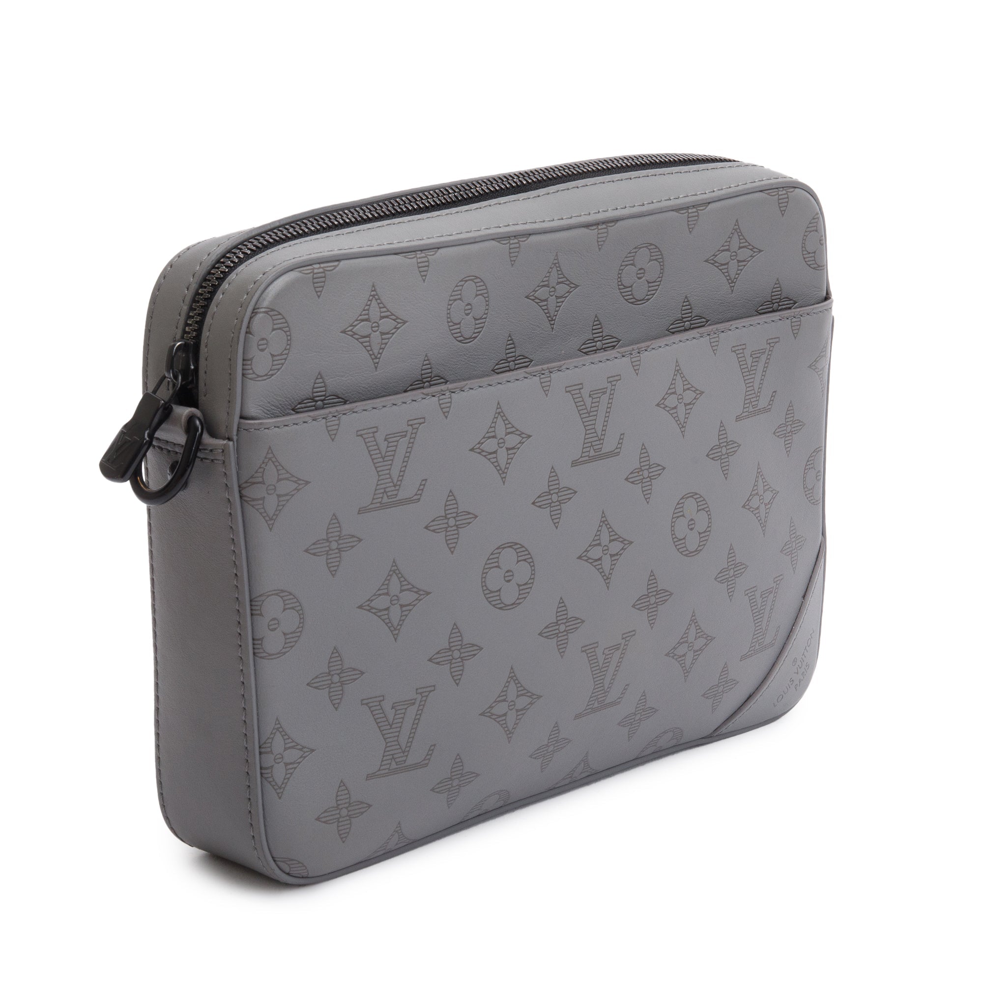 Louis Vuitton 2022 Grey Monogram Shadow Embossed Calfskin Leather Duo Messenger Bag