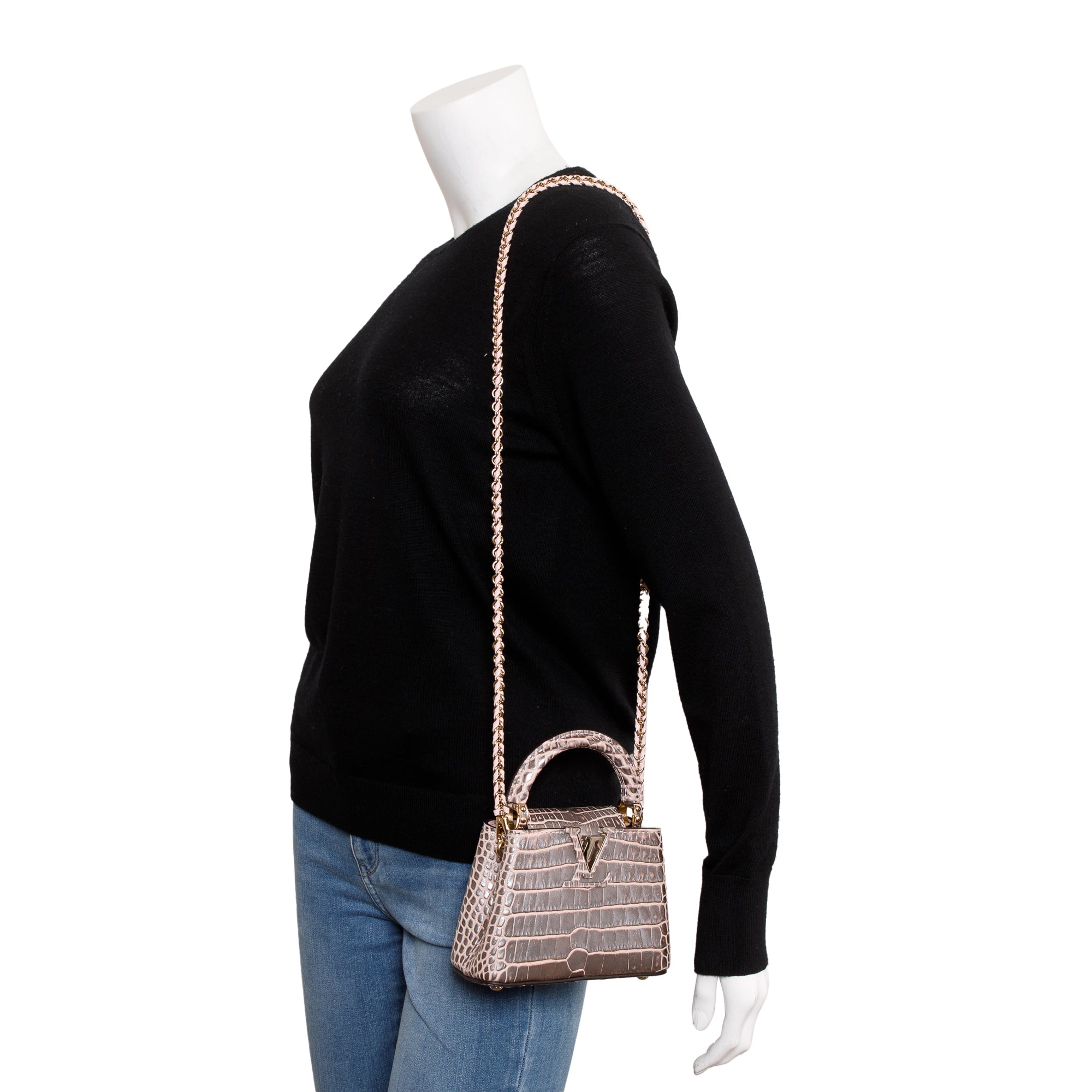 Louis Vuitton 2022 Silver/Pink Crocodilien Brillant Capucines Nano w/ Strap & Box