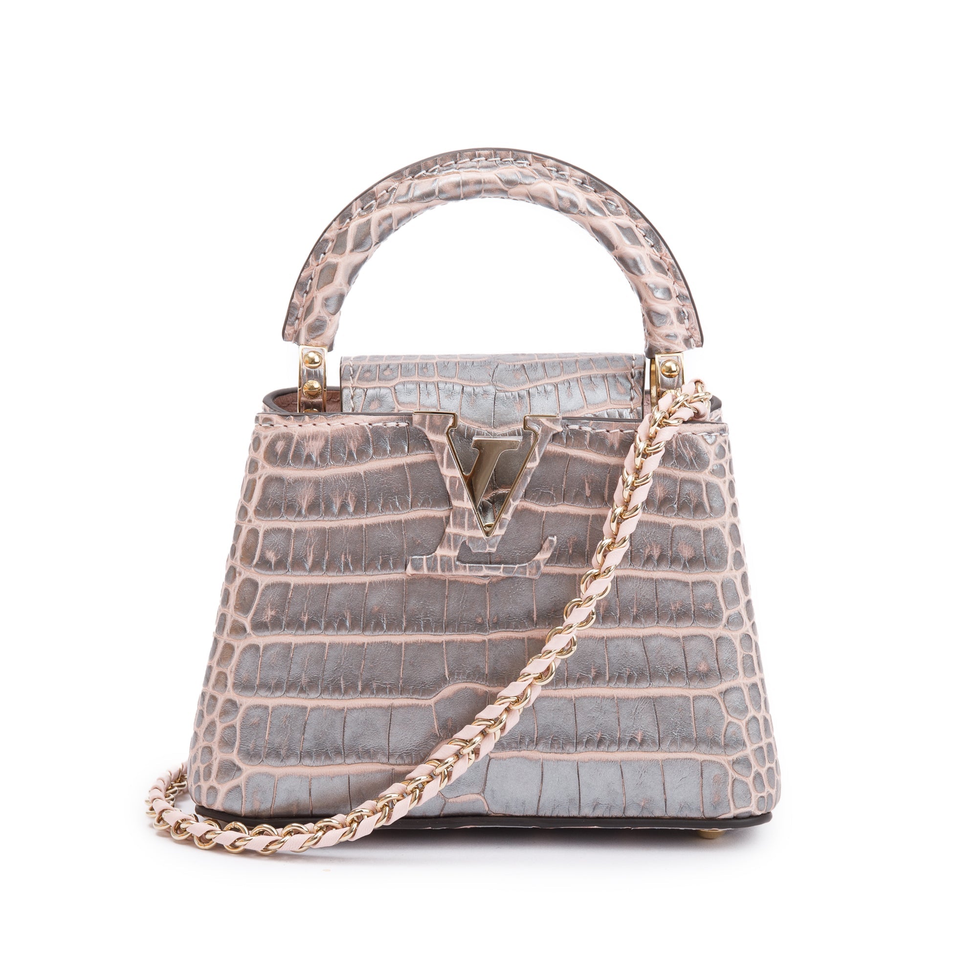 Louis Vuitton 2022 Silver/Pink Crocodilien Brillant Capucines Nano w/ Strap & Box