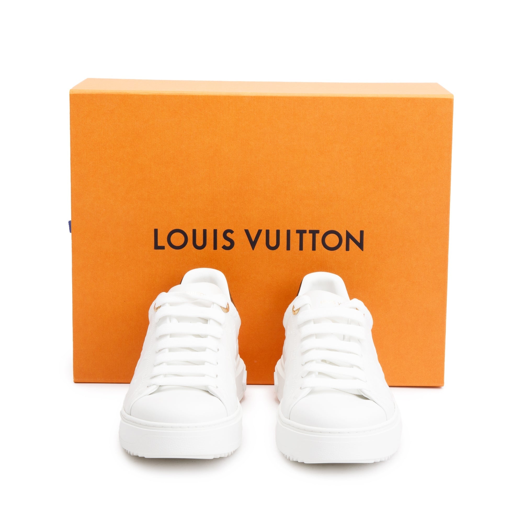 Louis Vuitton 2022 White Monogram Debosssed Leather Time Out Sneakers, Size 41 w/ Box