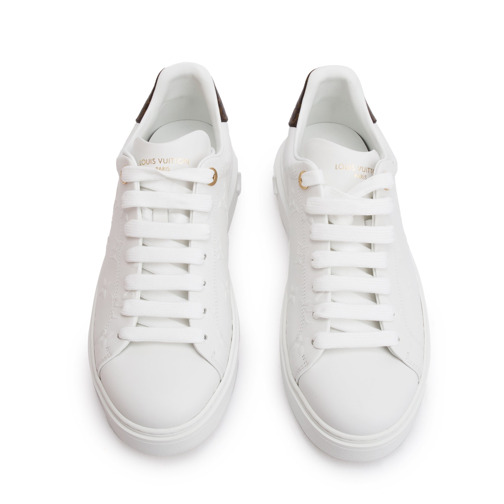 Louis Vuitton 2022 White Monogram Debosssed Leather Time Out Sneakers, Size 41 w/ Box