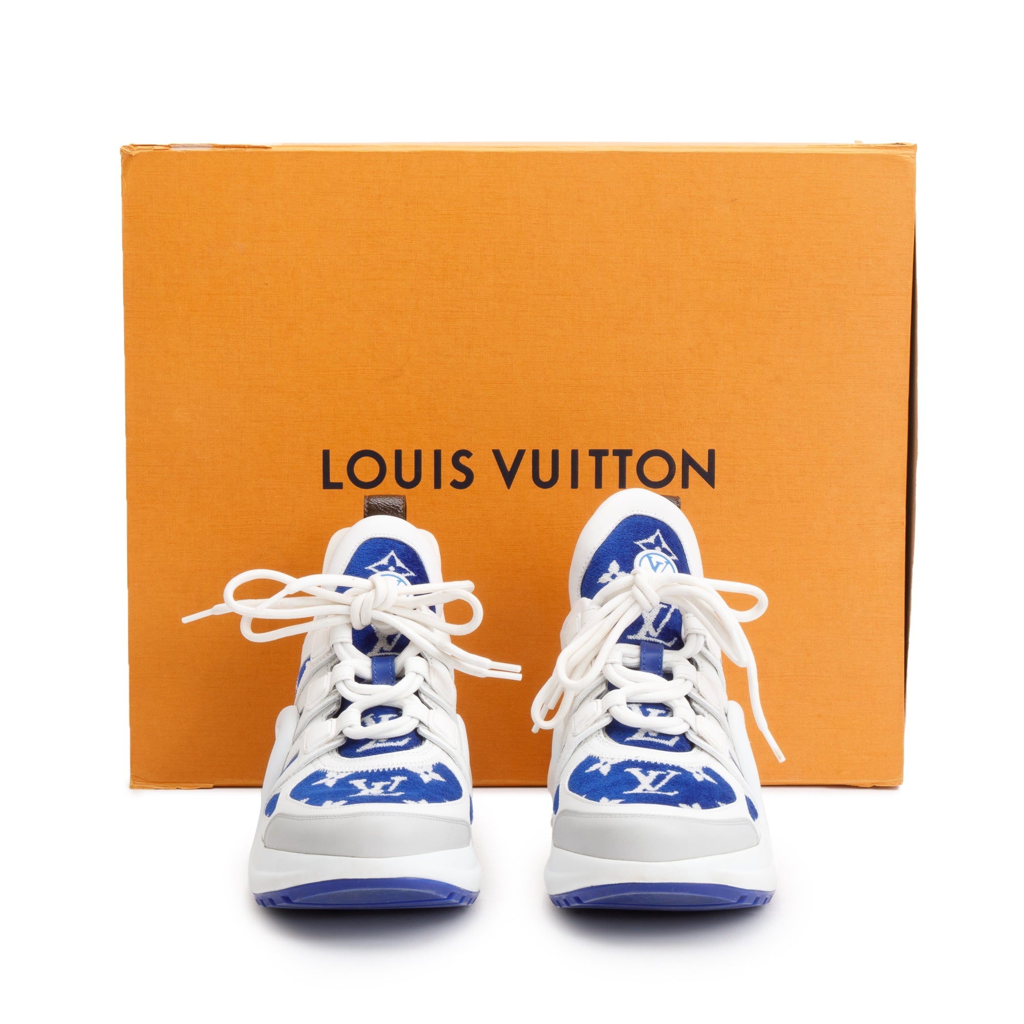 Louis Vuitton 2022 White/Blue Monogram Velvet & Leather LV Archlight Sneakers, Size 37 w/ Box