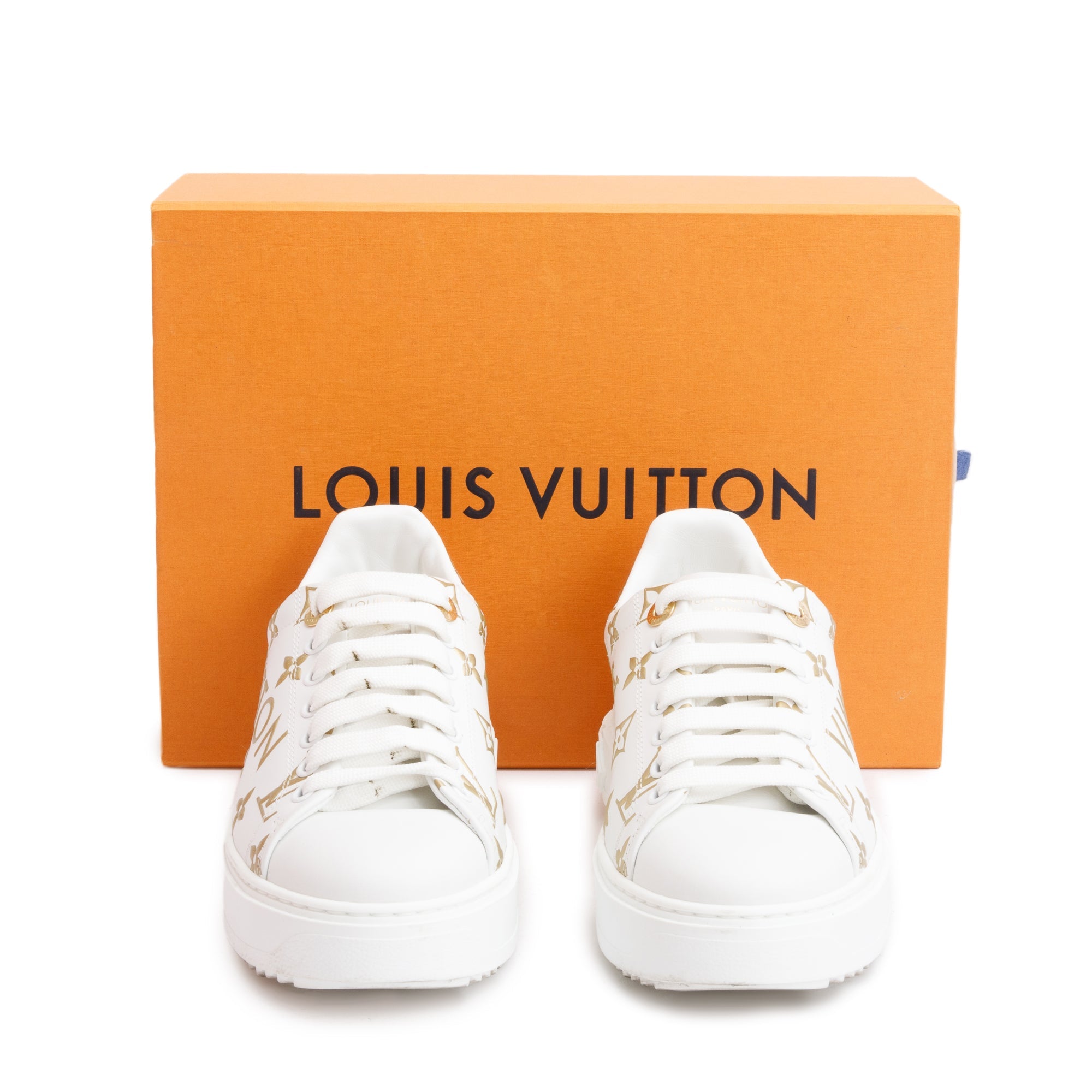 Louis Vuitton 2022 White/Gold Monogram Debosssed Leather Time Out Sneakers, Size 36.5 w/ Box