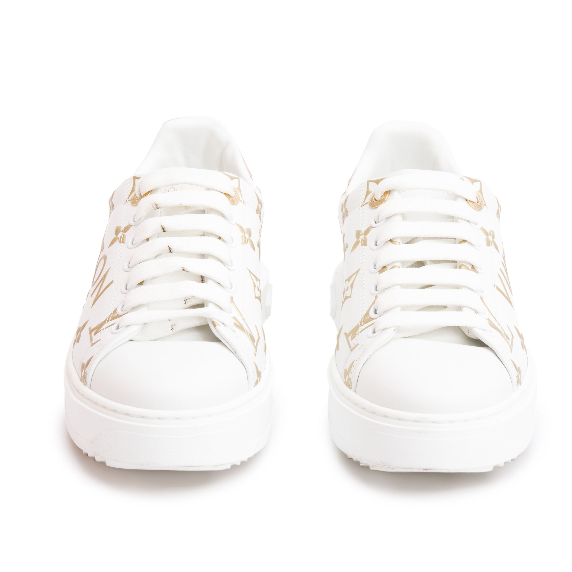 Louis Vuitton 2022 White/Gold Monogram Debosssed Leather Time Out Sneakers, Size 36.5 w/ Box