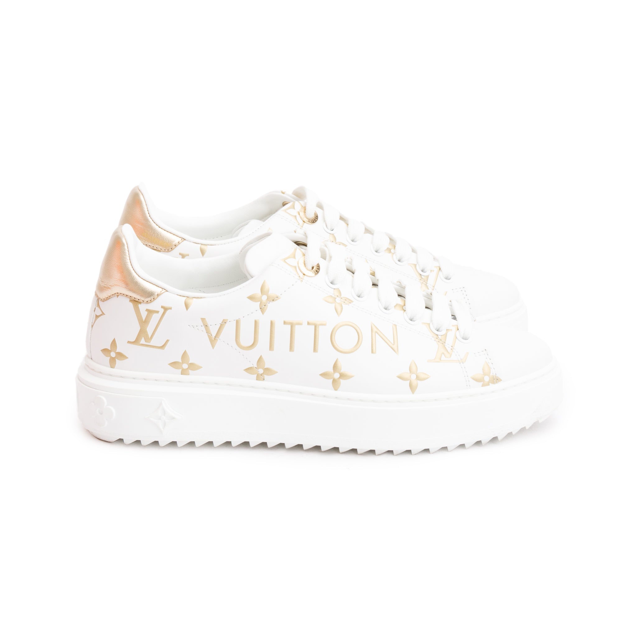 Louis Vuitton 2022 White/Gold Monogram Debosssed Leather Time Out Sneakers, Size 36.5 w/ Box