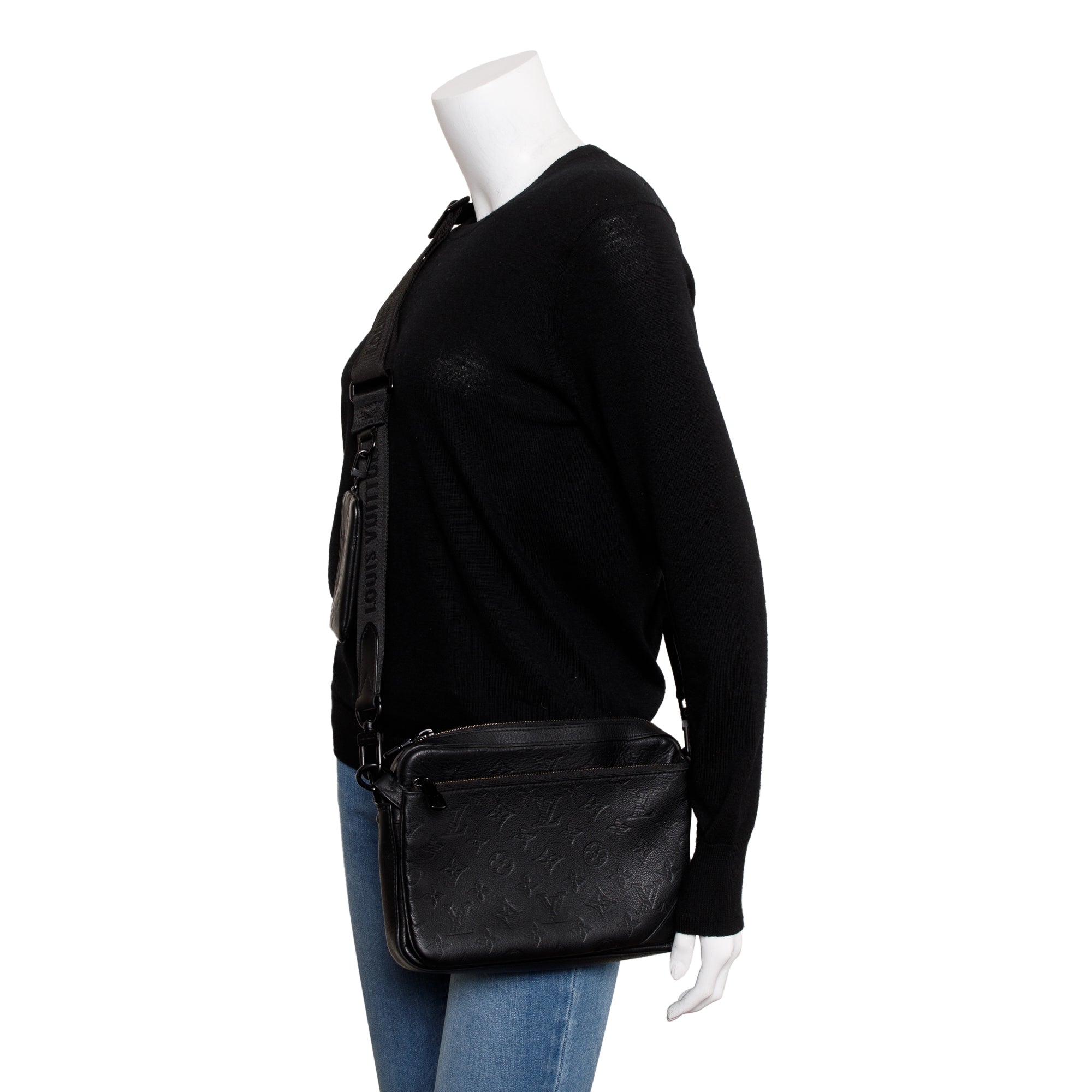 Louis Vuitton 2023 Black Monogram Shadow Embossed Calfskin Leather Trio Messenger Bag w/ Box