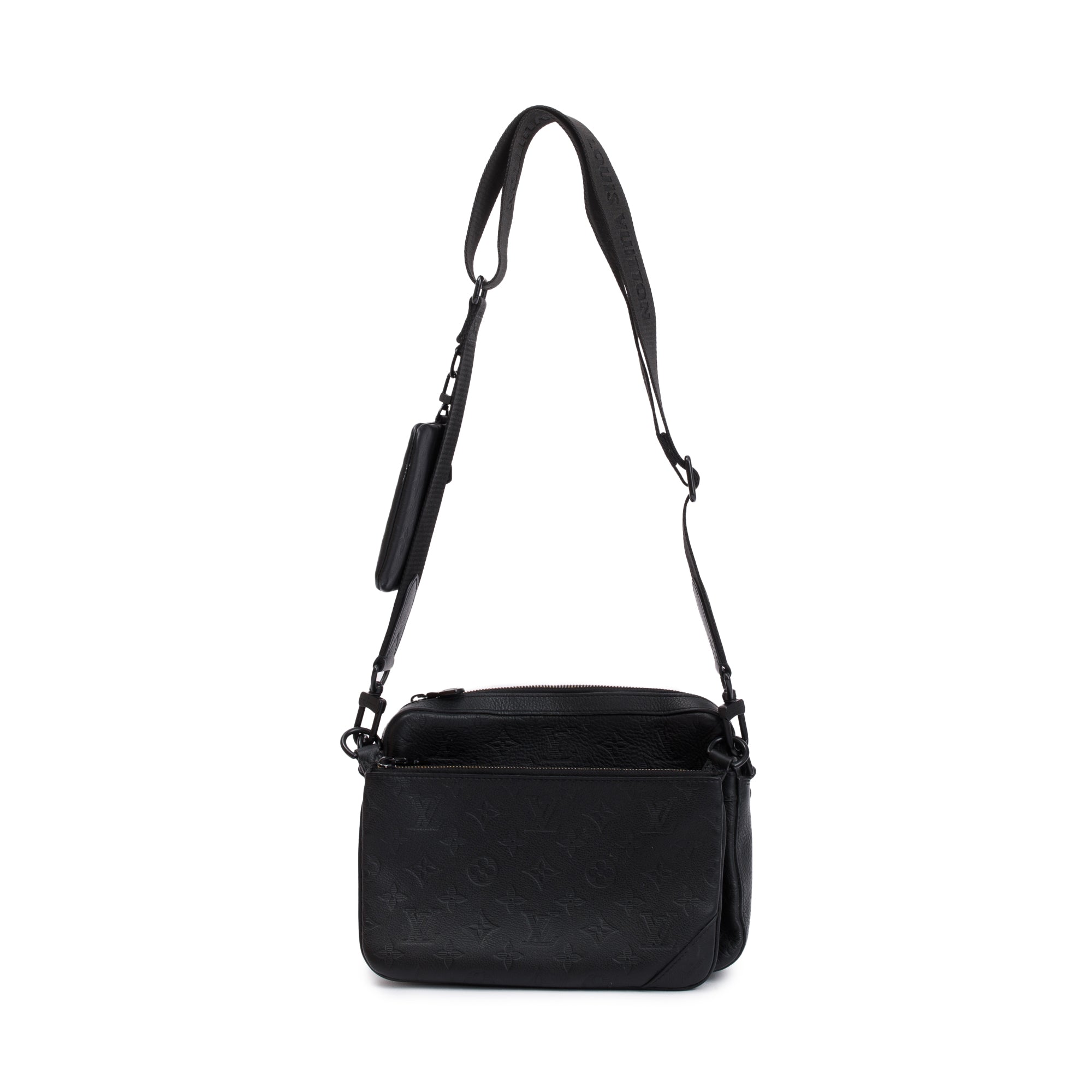 Louis Vuitton 2023 Black Monogram Shadow Embossed Calfskin Leather Trio Messenger Bag w/ Box