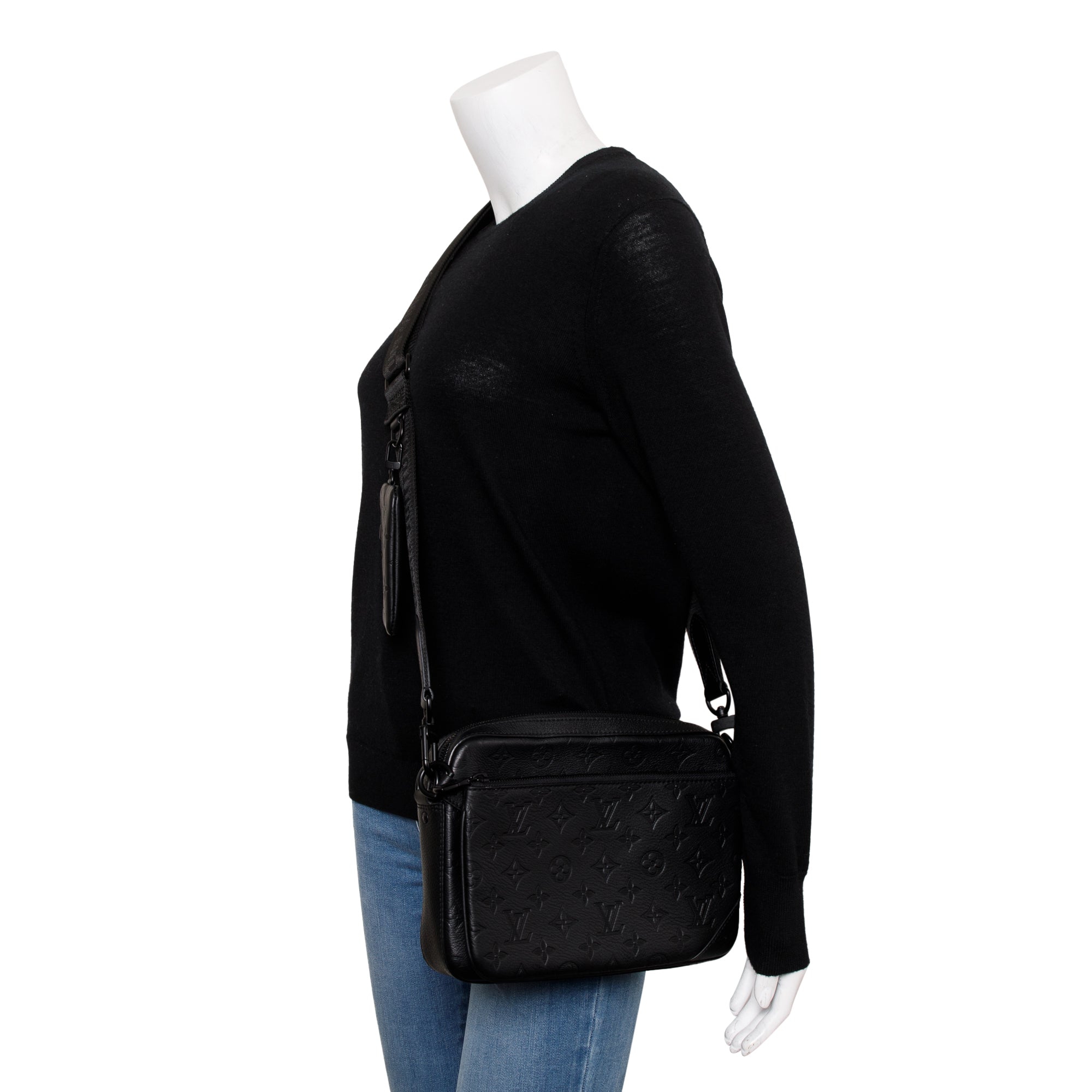 Louis Vuitton 2023 Black Monogram Shadow Embossed Calfskin Leather Trio Messenger Bag w/ Box & Receipt