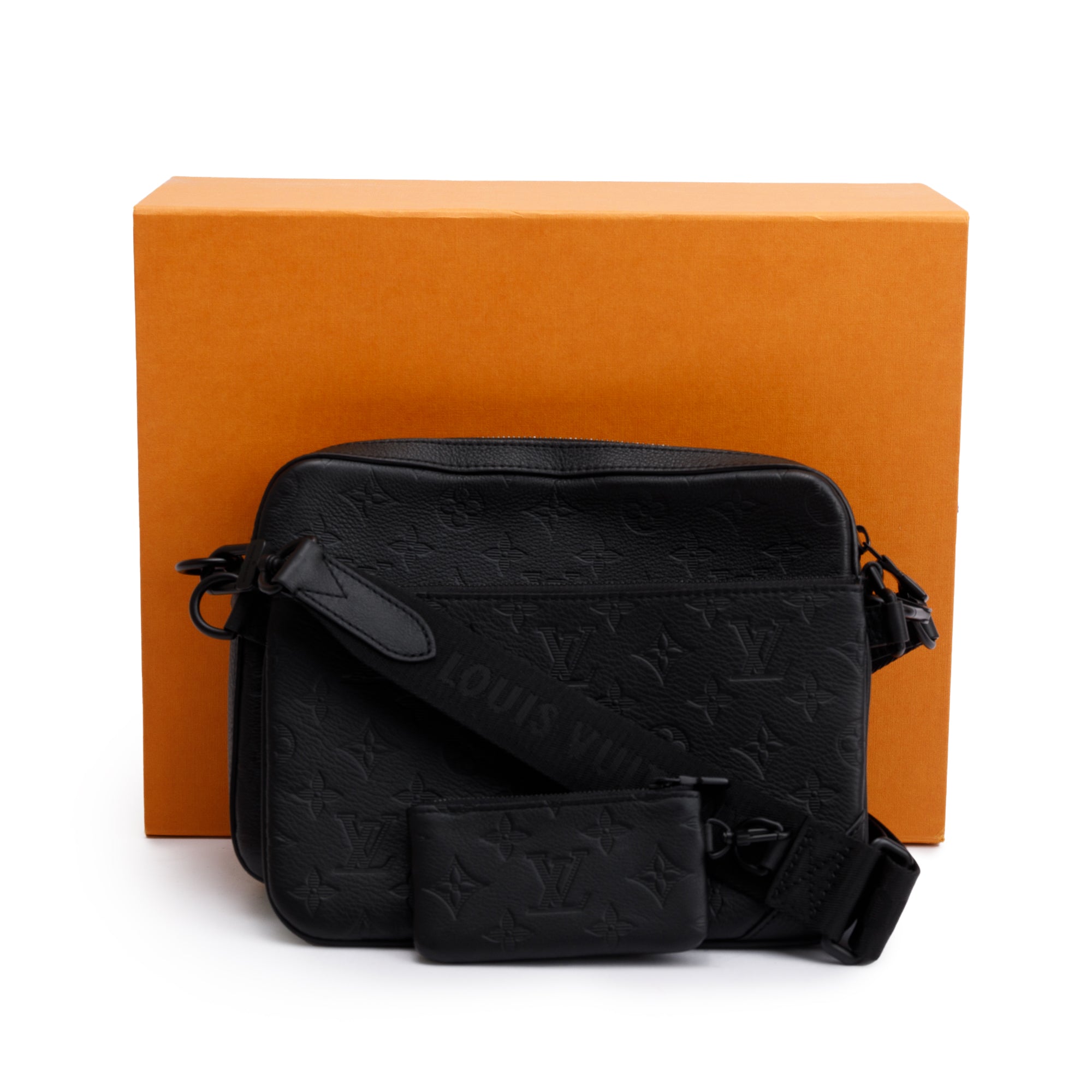 Louis Vuitton 2023 Black Monogram Shadow Embossed Calfskin Leather Trio Messenger Bag w/ Box & Receipt