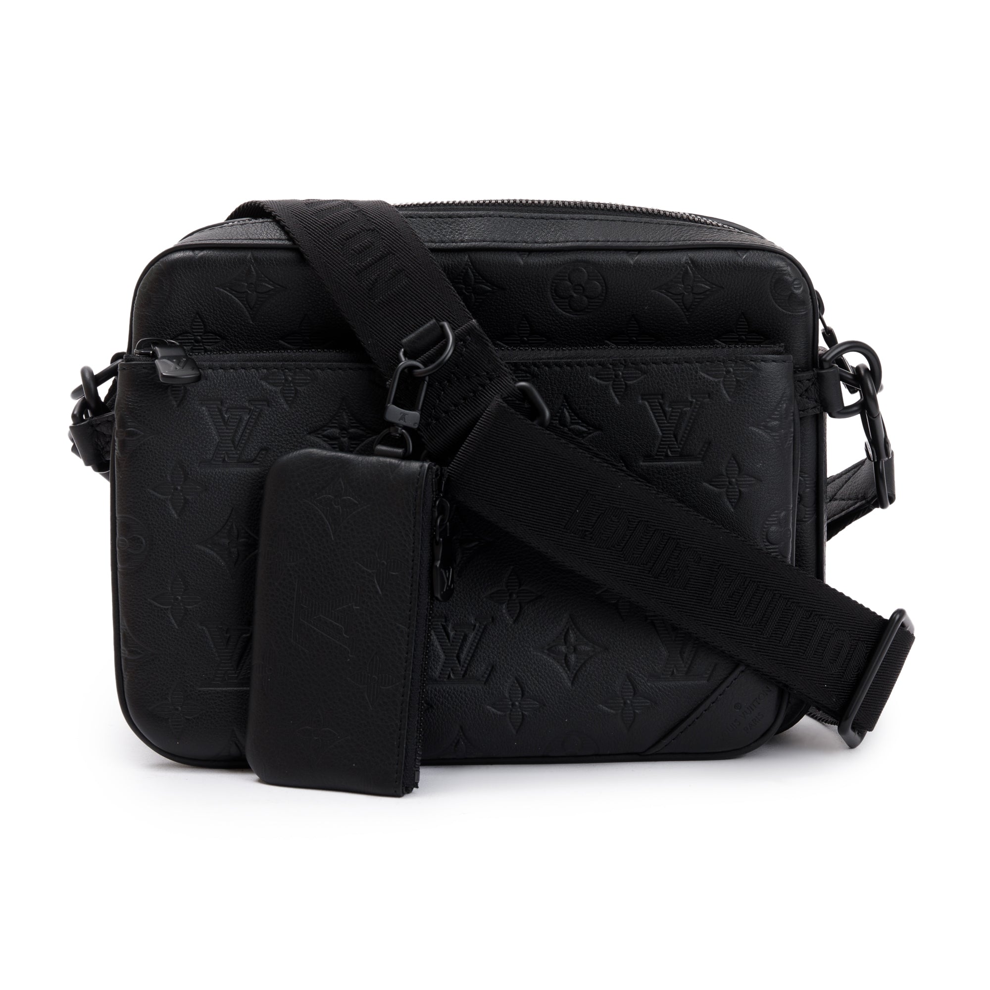 Louis Vuitton 2023 Black Monogram Shadow Embossed Calfskin Leather Trio Messenger Bag w/ Box