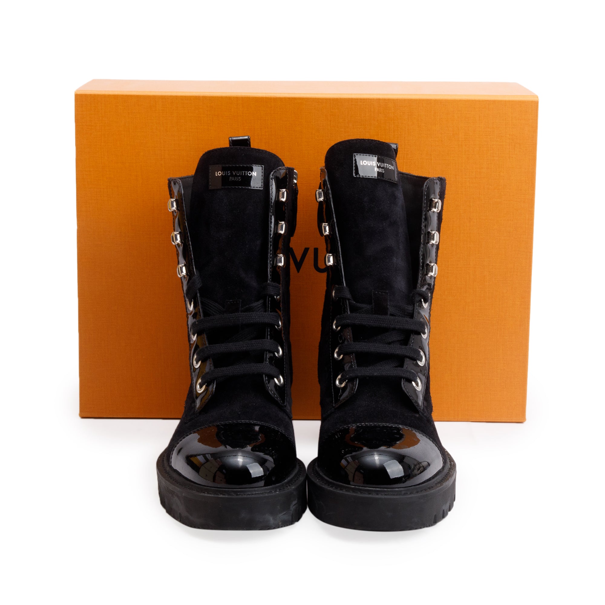 Louis Vuitton 2023 Black Monogram Suede Vernis Trim Territory Flat Ranger Boots, Size 37.5 w/ Box