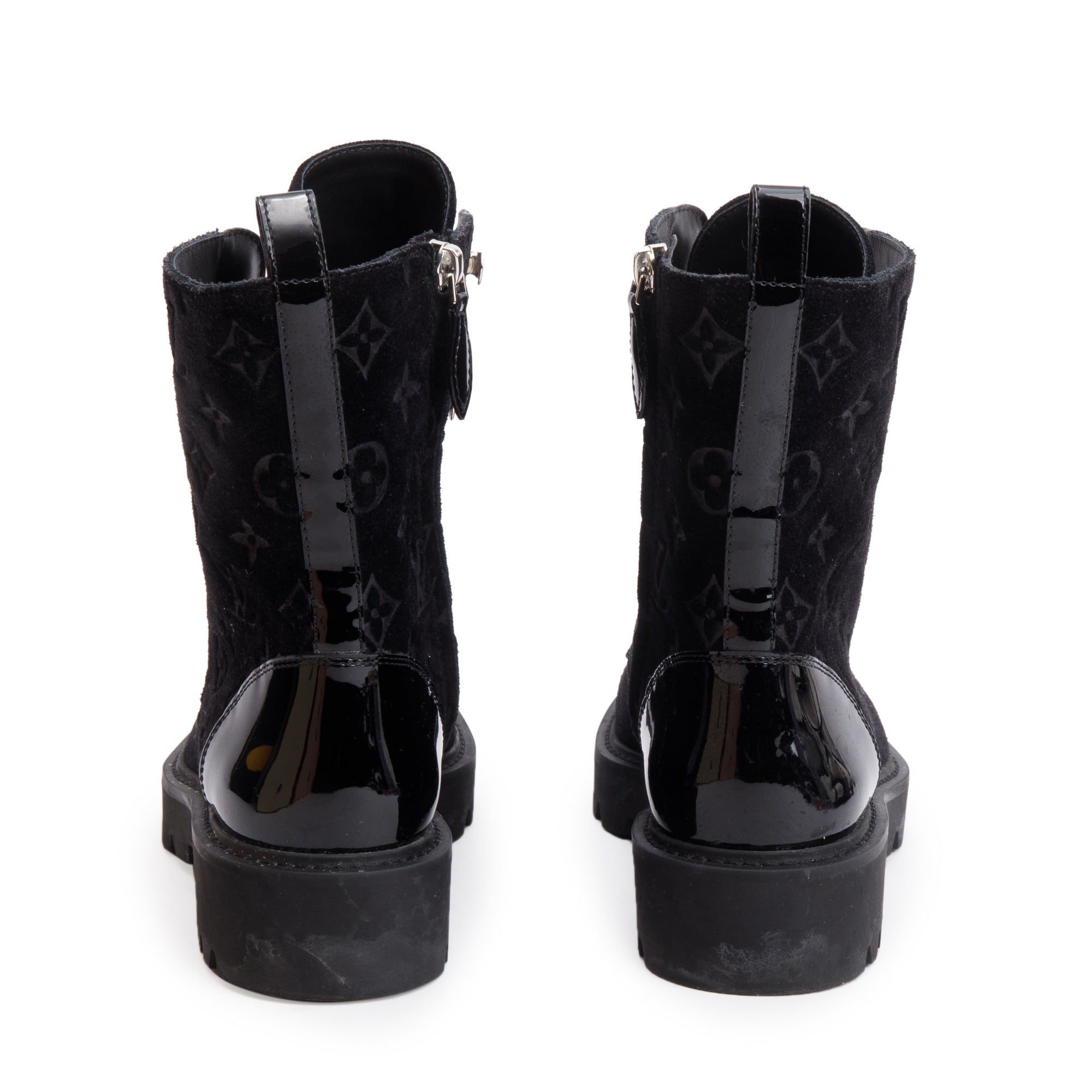 Louis Vuitton 2023 Black Monogram Suede Vernis Trim Territory Flat Ranger Boots, Size 37.5 w/ Box