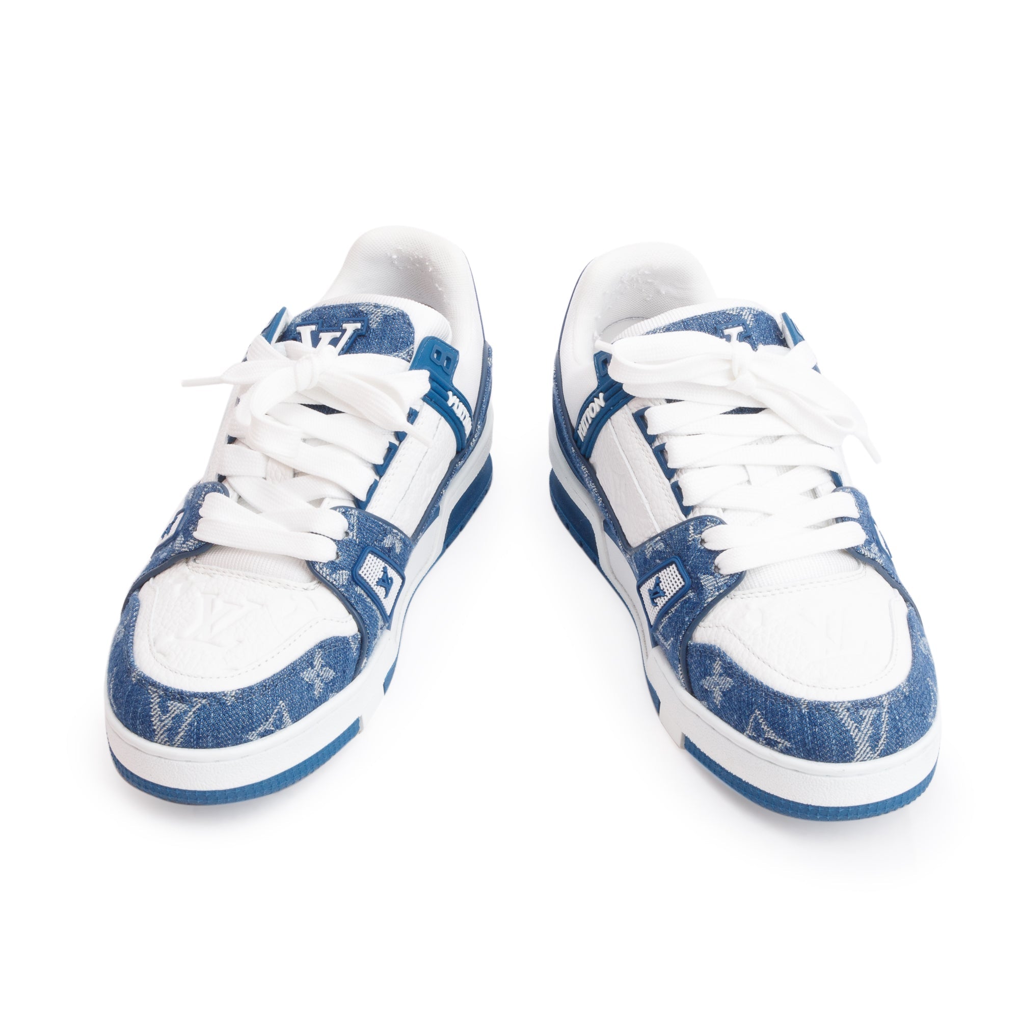 Louis Vuitton 2023 Blue Monogram Denim Calfskin LV Trainer Sneakers, Size 37.5 w/ Box