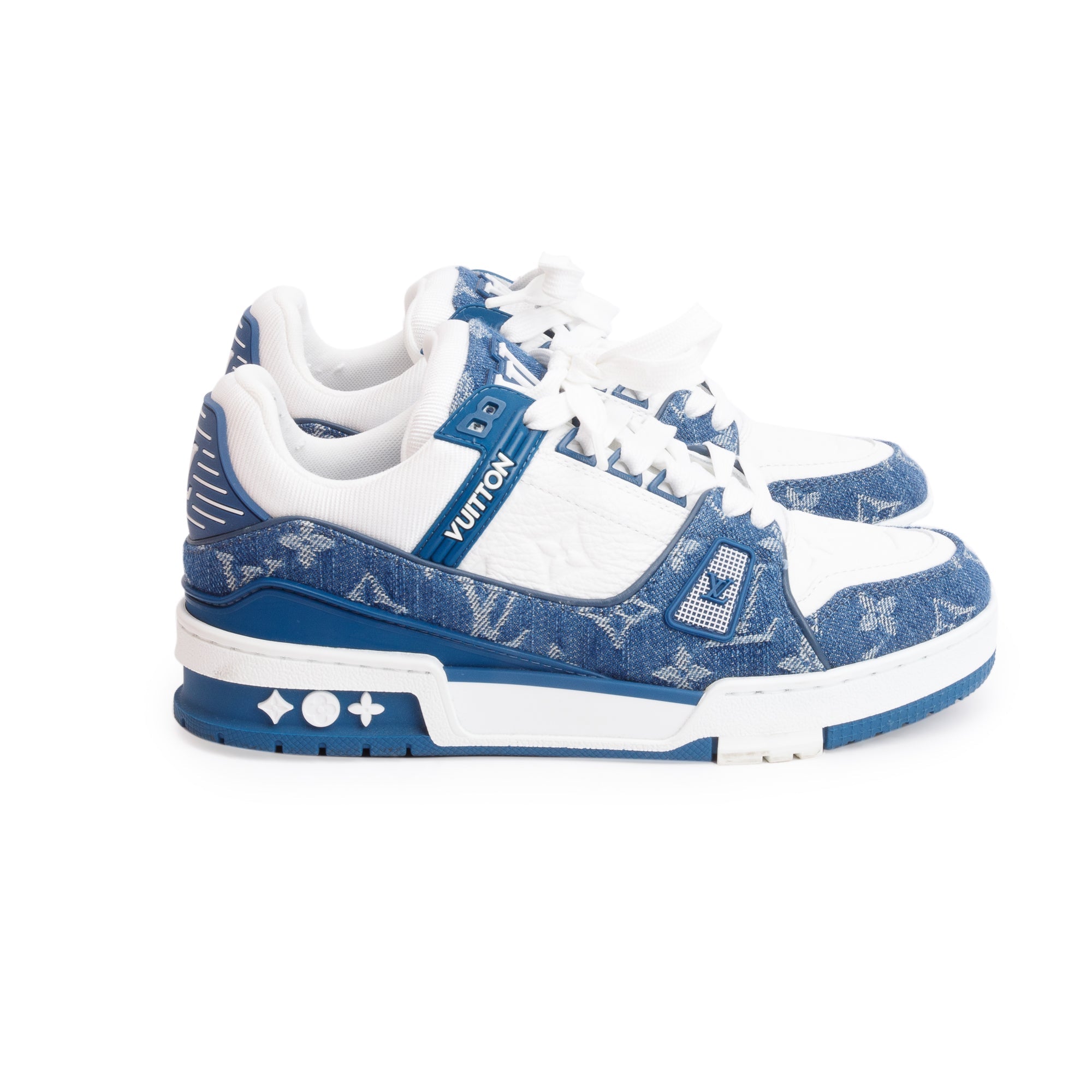 Louis Vuitton 2023 Blue Monogram Denim Calfskin LV Trainer Sneakers, Size 37.5 w/ Box