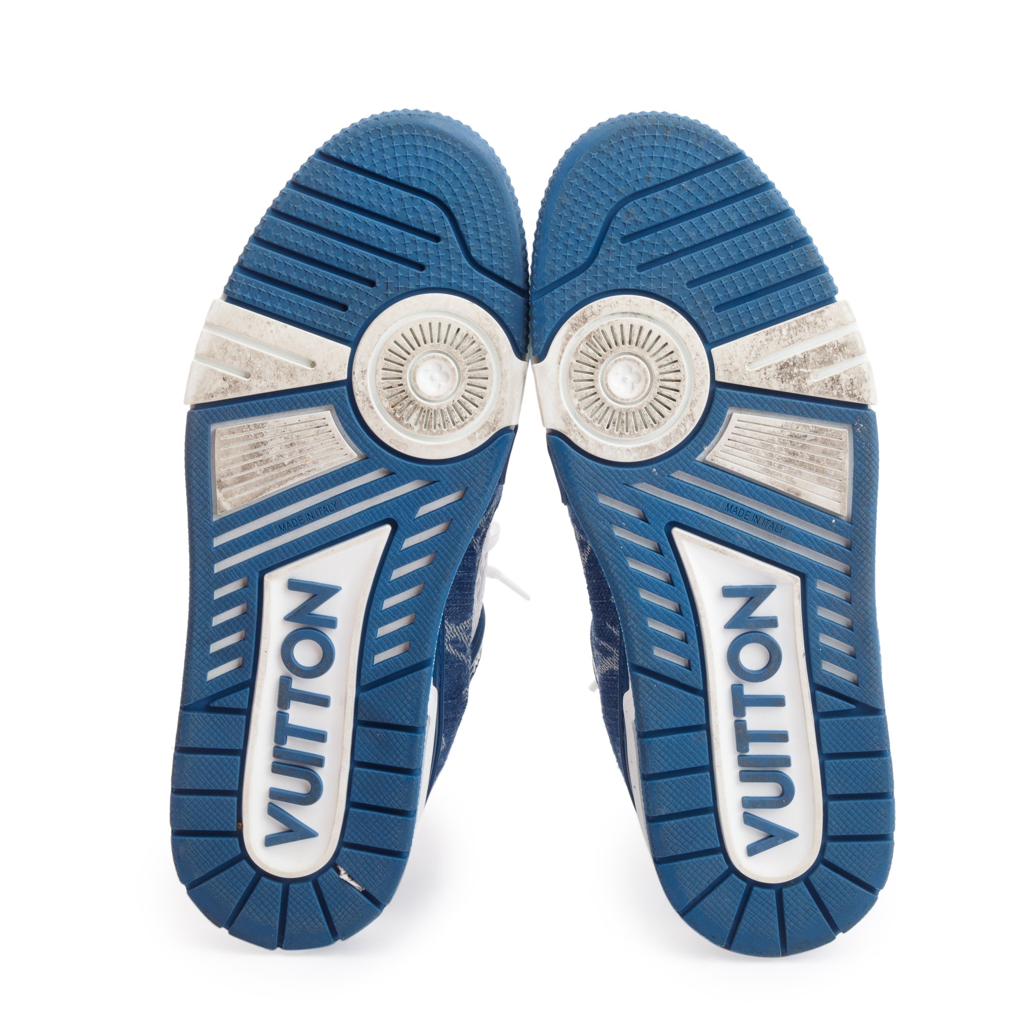 Louis Vuitton 2023 Blue Monogram Denim Calfskin LV Trainer Sneakers, Size 37.5 w/ Box