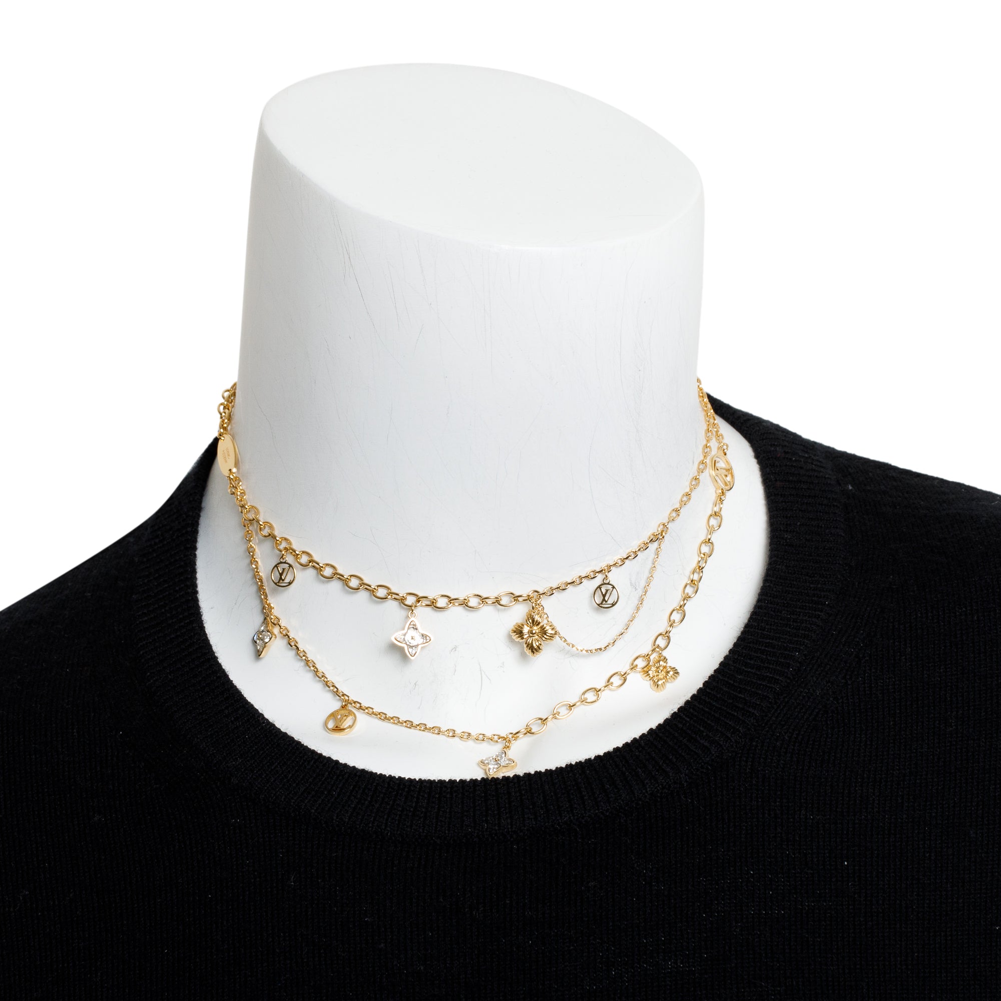 Louis Vuitton 2023 Gold Plated Crystal Blooming Strass Double Strand Necklace w/ Box & Receipt