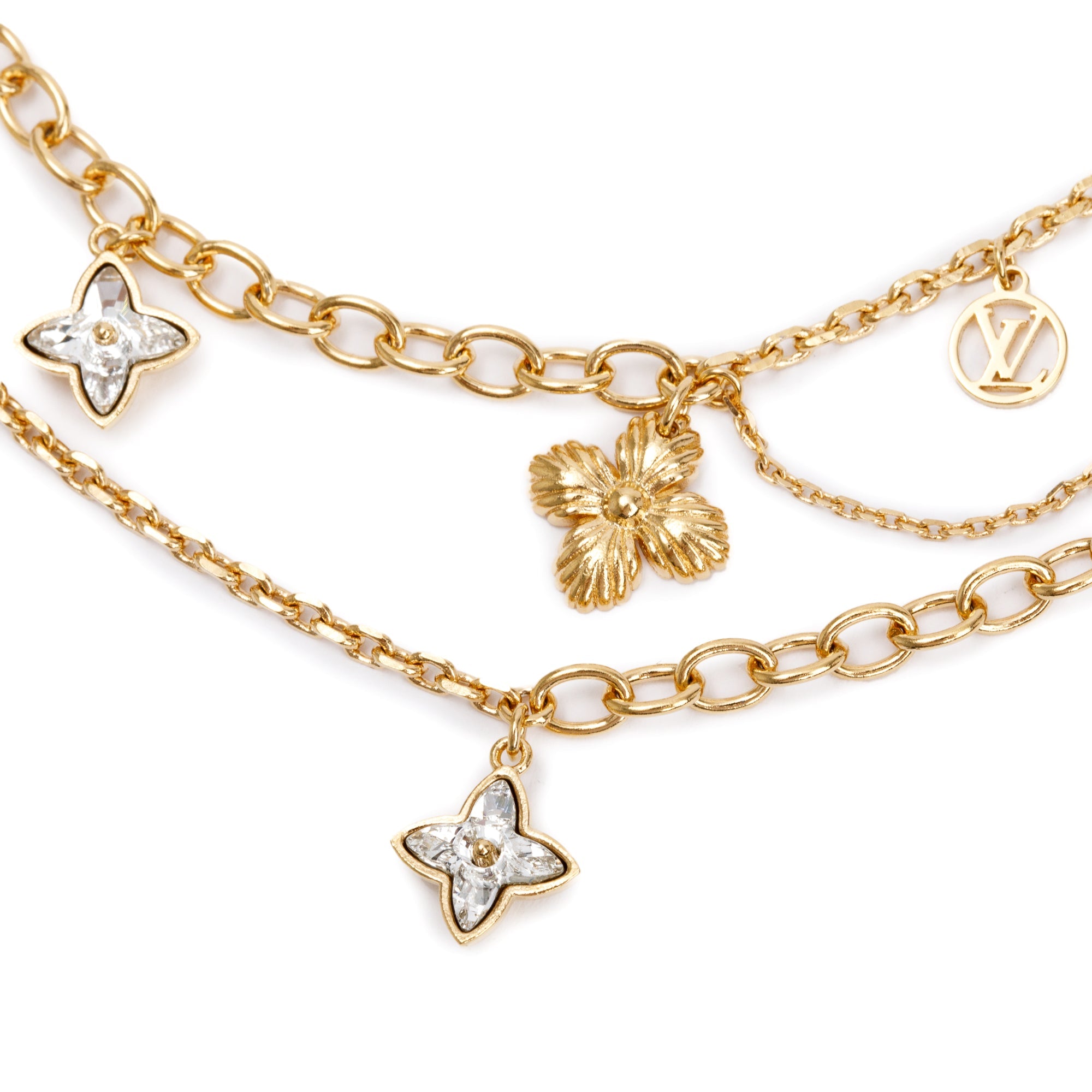 Louis Vuitton 2023 Gold Plated Crystal Blooming Strass Double Strand Necklace w/ Box & Receipt