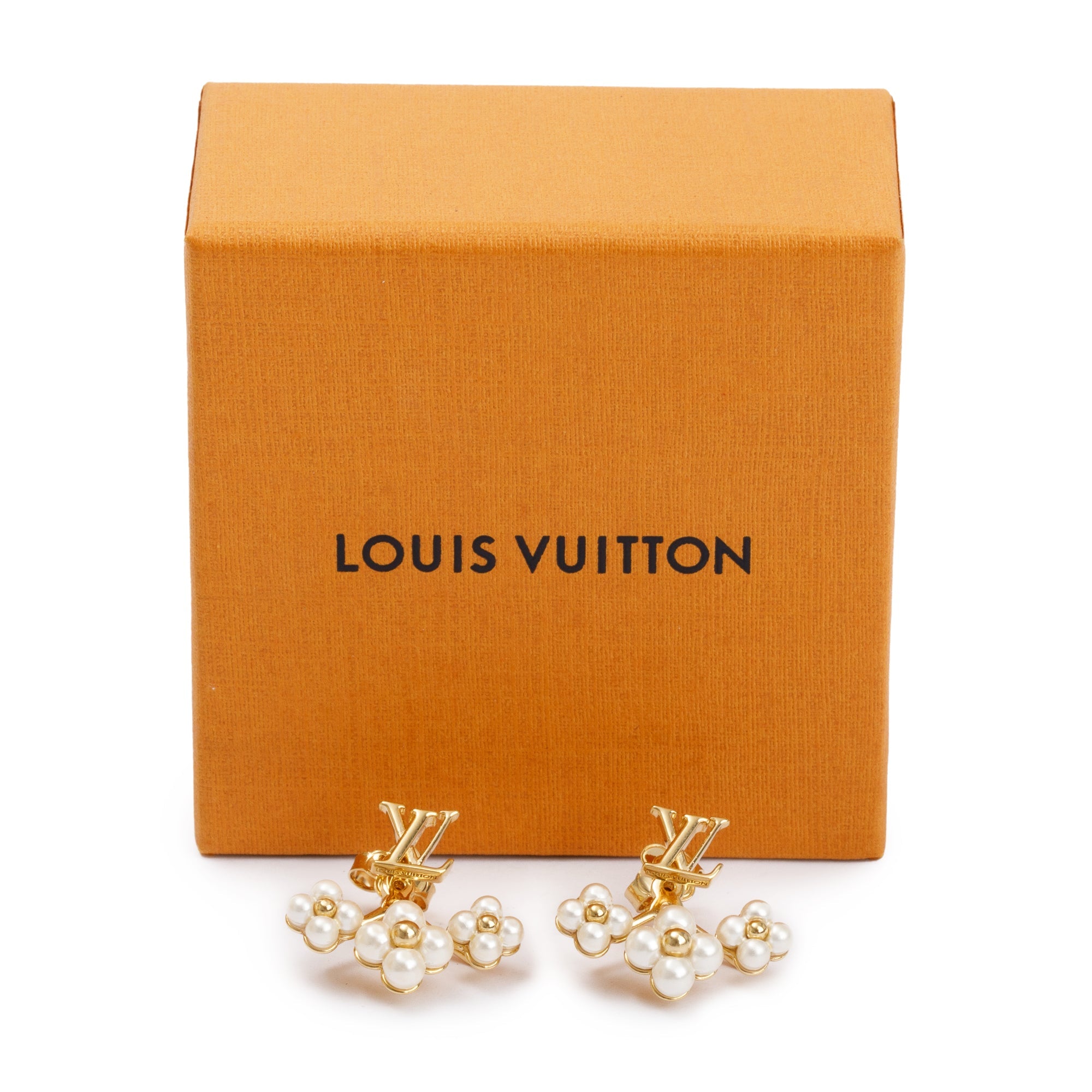 Louis Vuitton 2023 Gold-Plated White Bead LV Floragram Earrings w/ Box