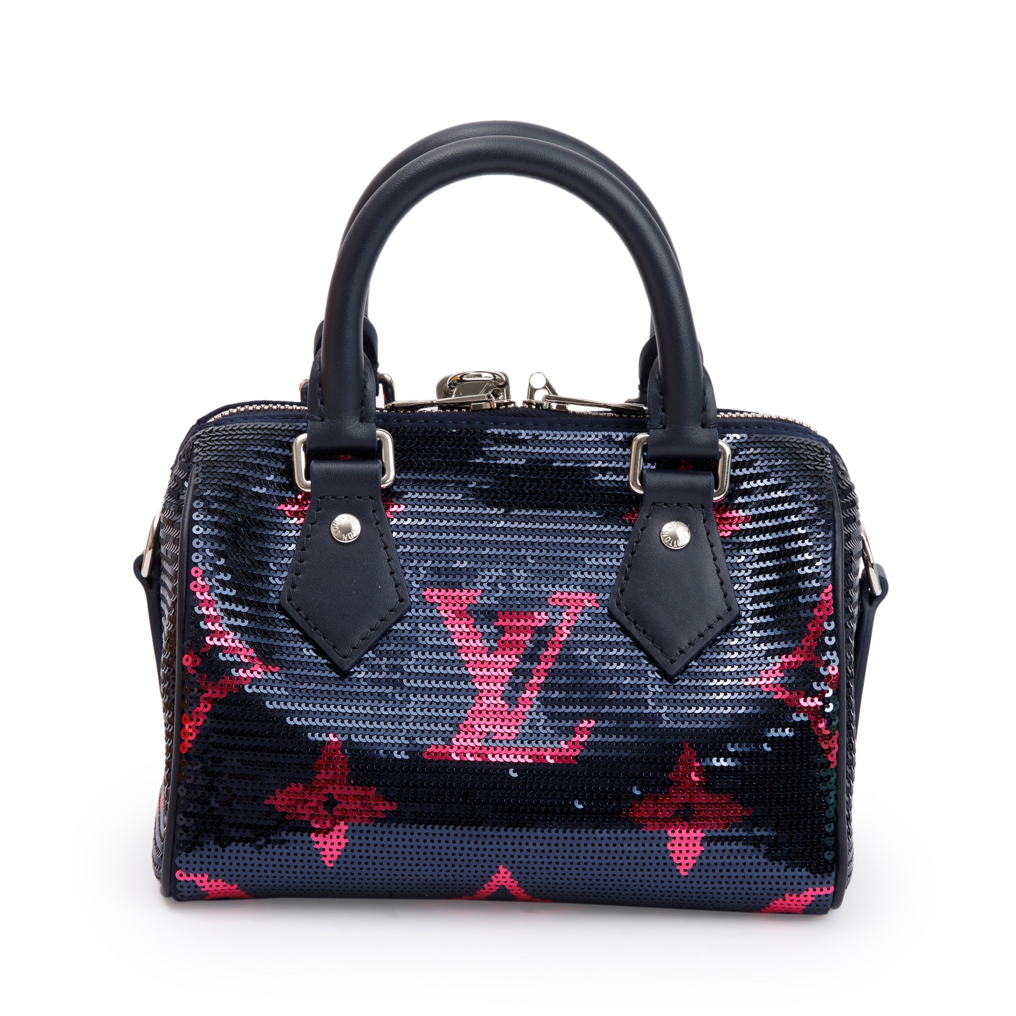 Louis Vuitton 2023 Navy Fuchsia Monogram Giant Sequins Speedy Bandouliere 18 w/ Strap & Box