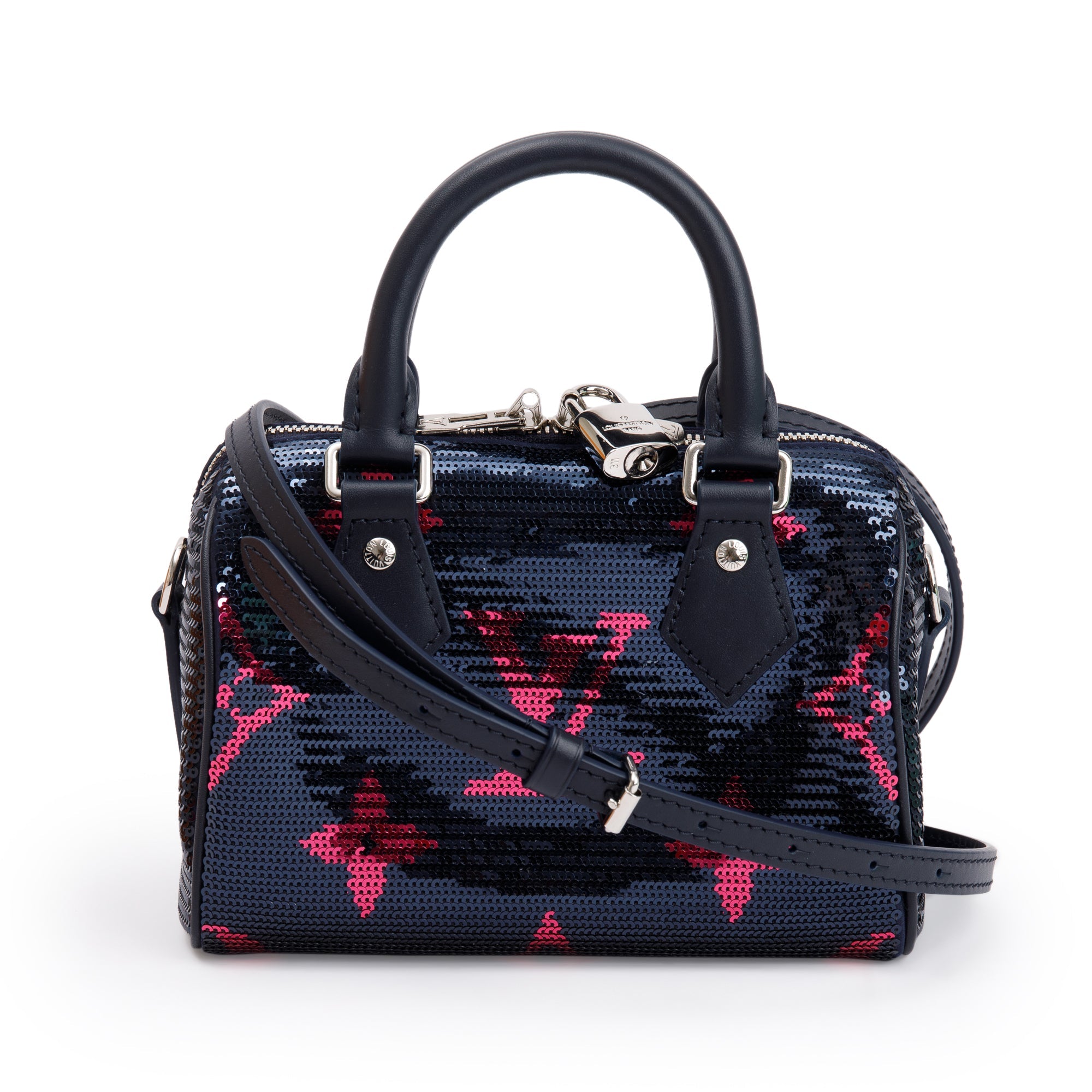 Louis Vuitton 2023 Navy Fuchsia Monogram Giant Sequins Speedy Bandouliere 18 w/ Strap & Box