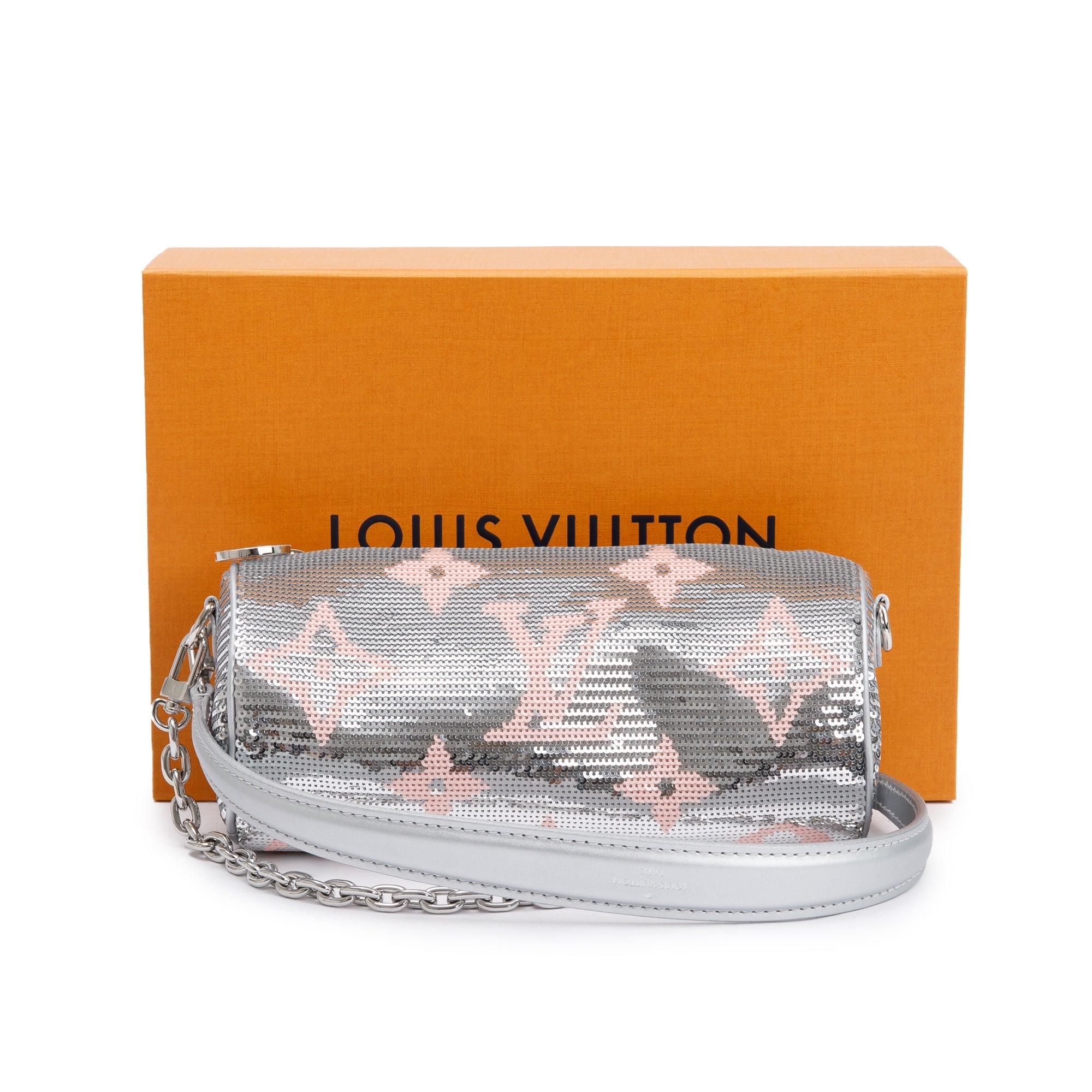 Louis Vuitton 2023 Silver Rose Monogram Giant Sequins Papillon Pouch w/ Straps, Receipt & Box