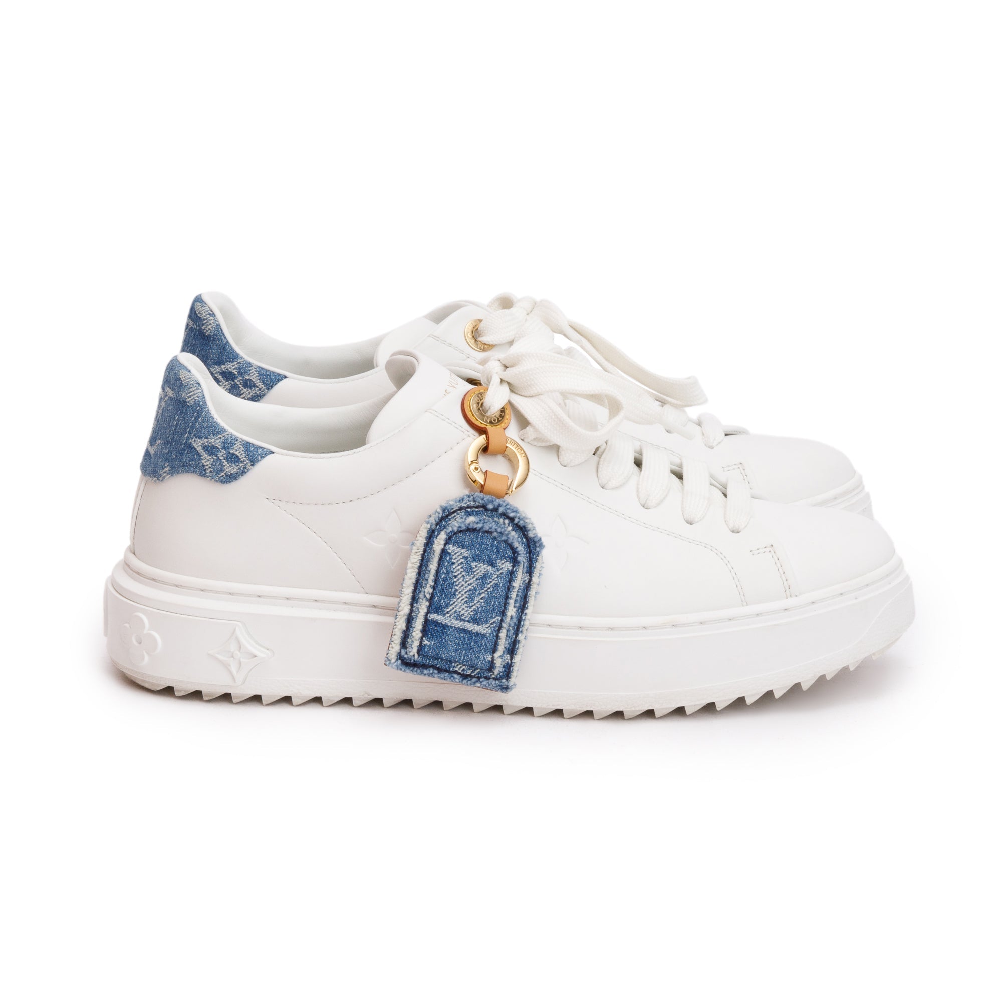 Louis Vuitton 2023 White Monogram Debosssed Leather Denim Trim Time Out Sneakers, Size 37 w/ Box