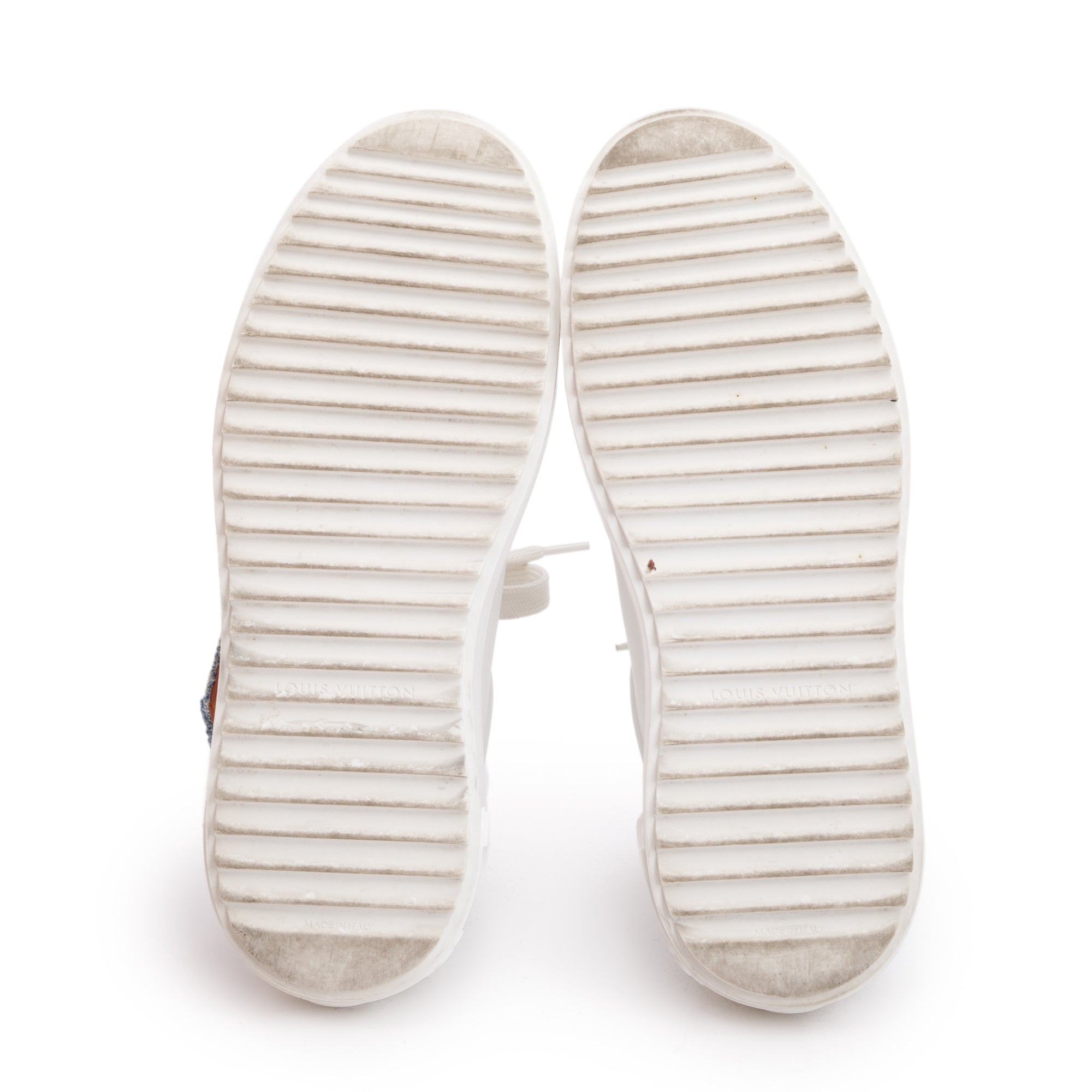 Louis Vuitton 2023 White Monogram Debosssed Leather Denim Trim Time Out Sneakers, Size 37 w/ Box