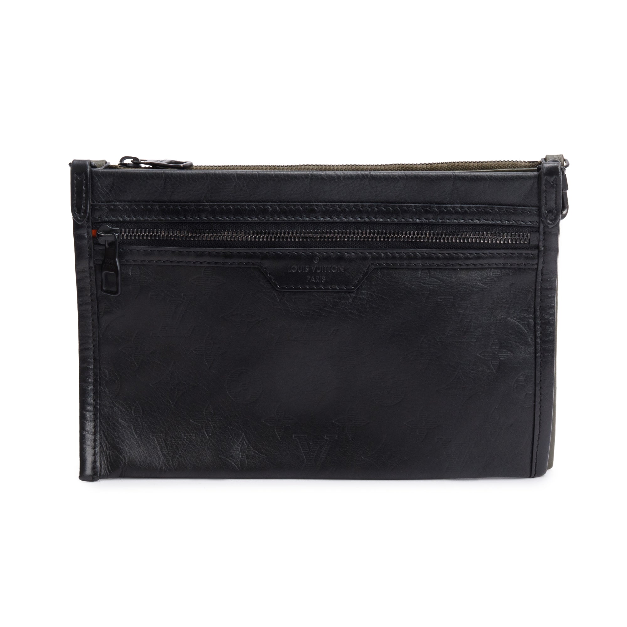 Louis Vuitton Black & Khaki Monogram Shadow Embossed Calfskin Leather Double Flat Messenger Bag