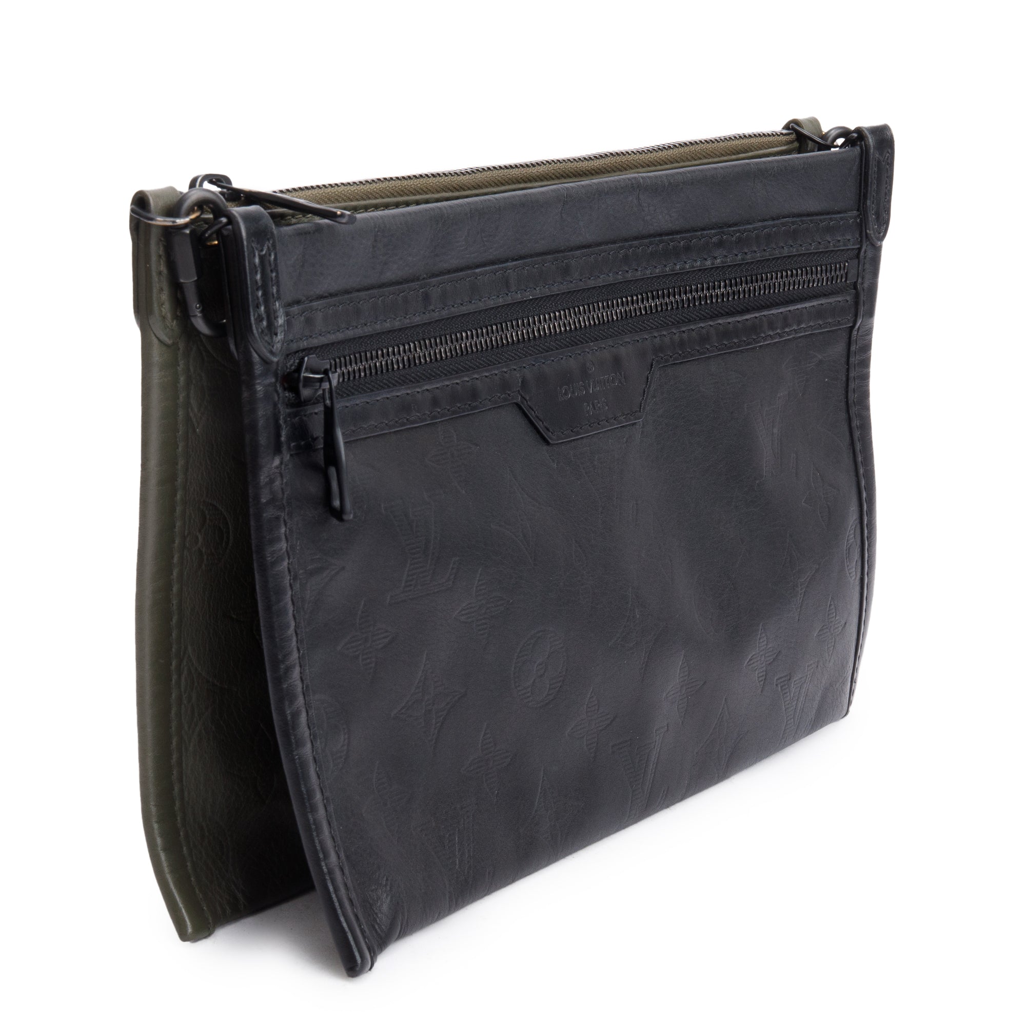 Louis Vuitton Black & Khaki Monogram Shadow Embossed Calfskin Leather Double Flat Messenger Bag