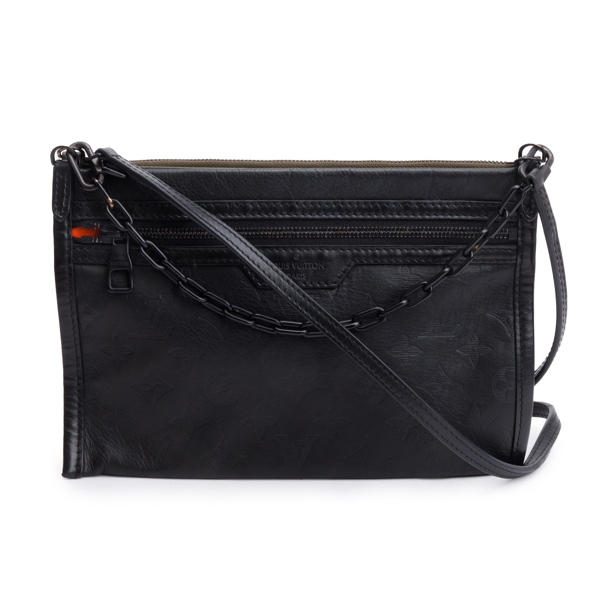 Louis Vuitton Black & Khaki Monogram Shadow Embossed Calfskin Leather Double Flat Messenger Bag