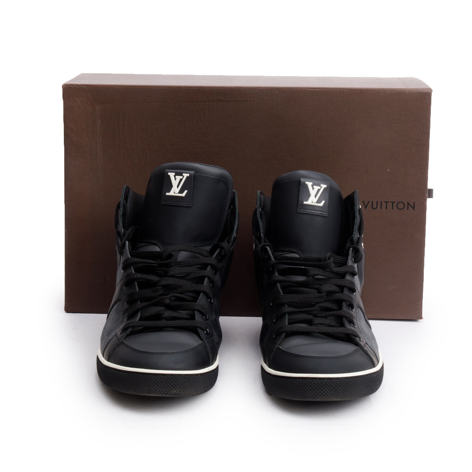 Louis Vuitton Black Leather Damier Graphite Canvas AW2012 High-Top Sneakers, Size 8.5 w/ Box