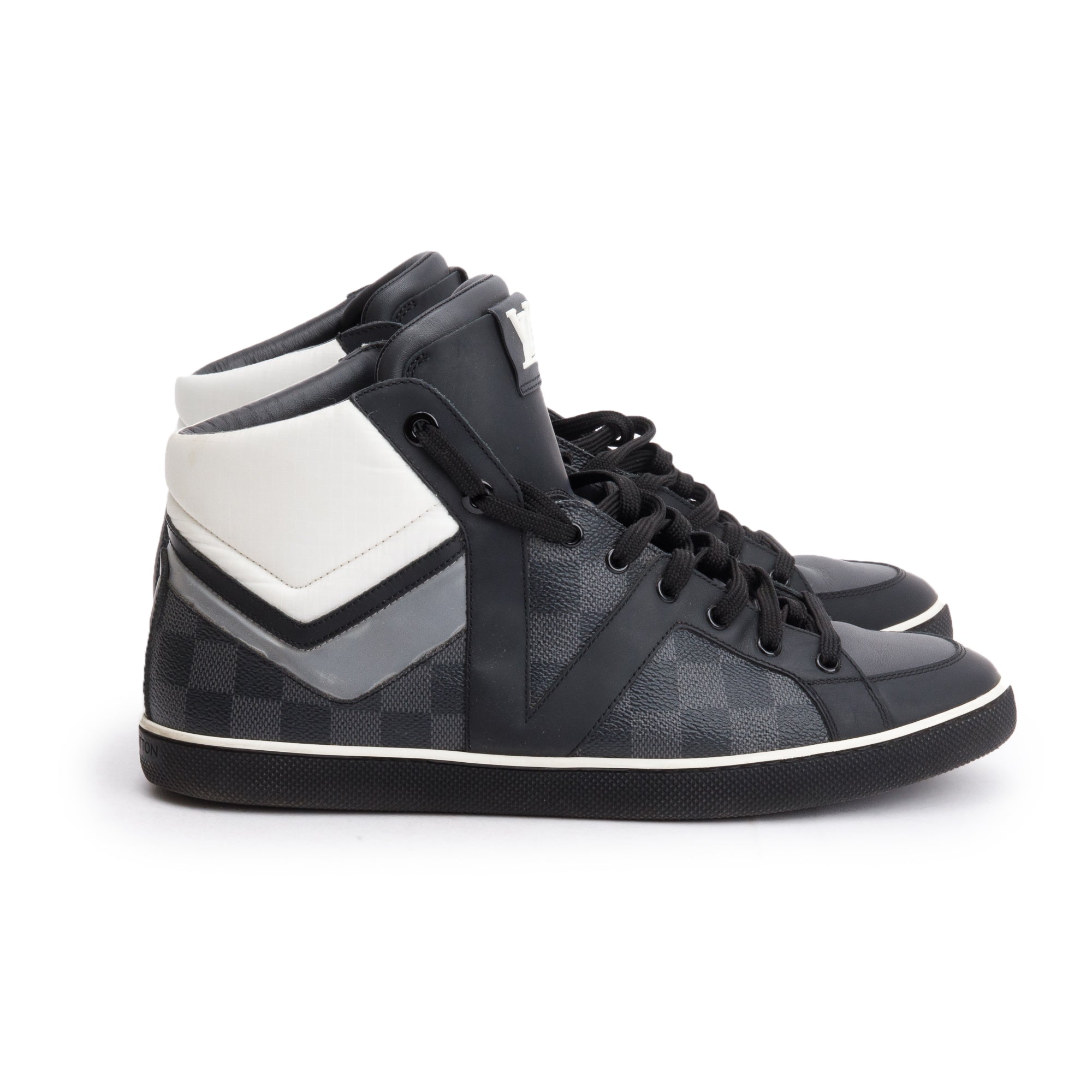 Louis Vuitton Black Leather Damier Graphite Canvas AW2012 High-Top Sneakers, Size 8.5 w/ Box
