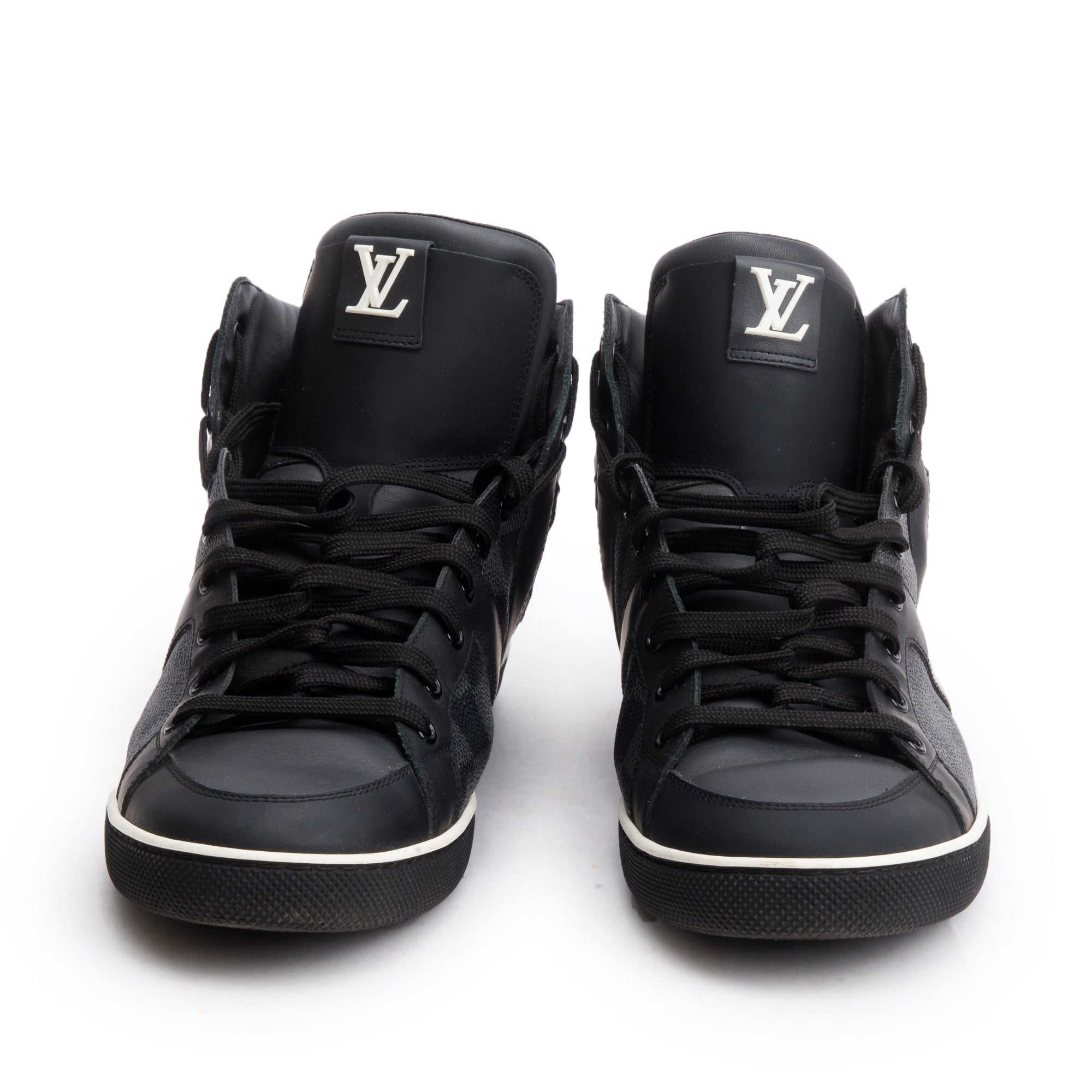 Louis Vuitton Black Leather Damier Graphite Canvas AW2012 High-Top Sneakers, Size 8.5 w/ Box