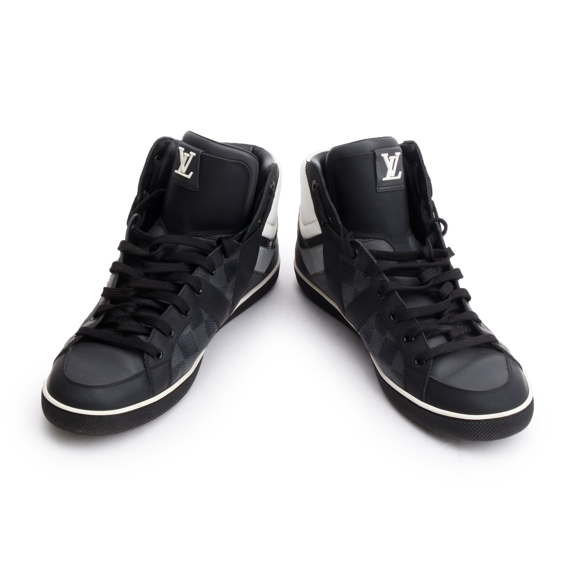 Louis Vuitton Black Leather Damier Graphite Canvas AW2012 High-Top Sneakers, Size 8.5 w/ Box