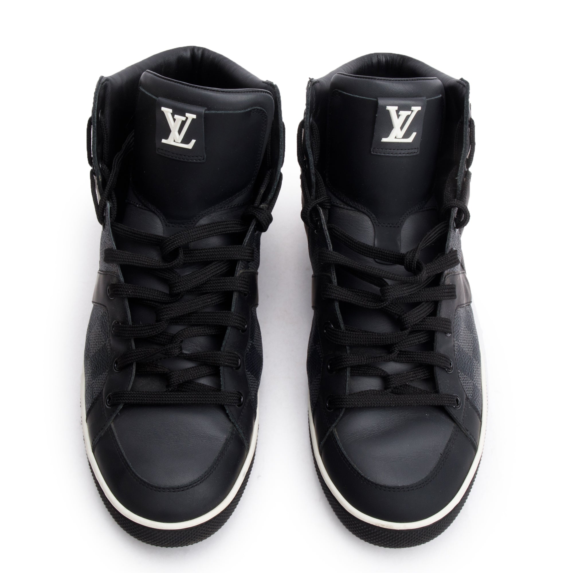 Louis Vuitton Black Leather Damier Graphite Canvas AW2012 High-Top Sneakers, Size 8.5 w/ Box