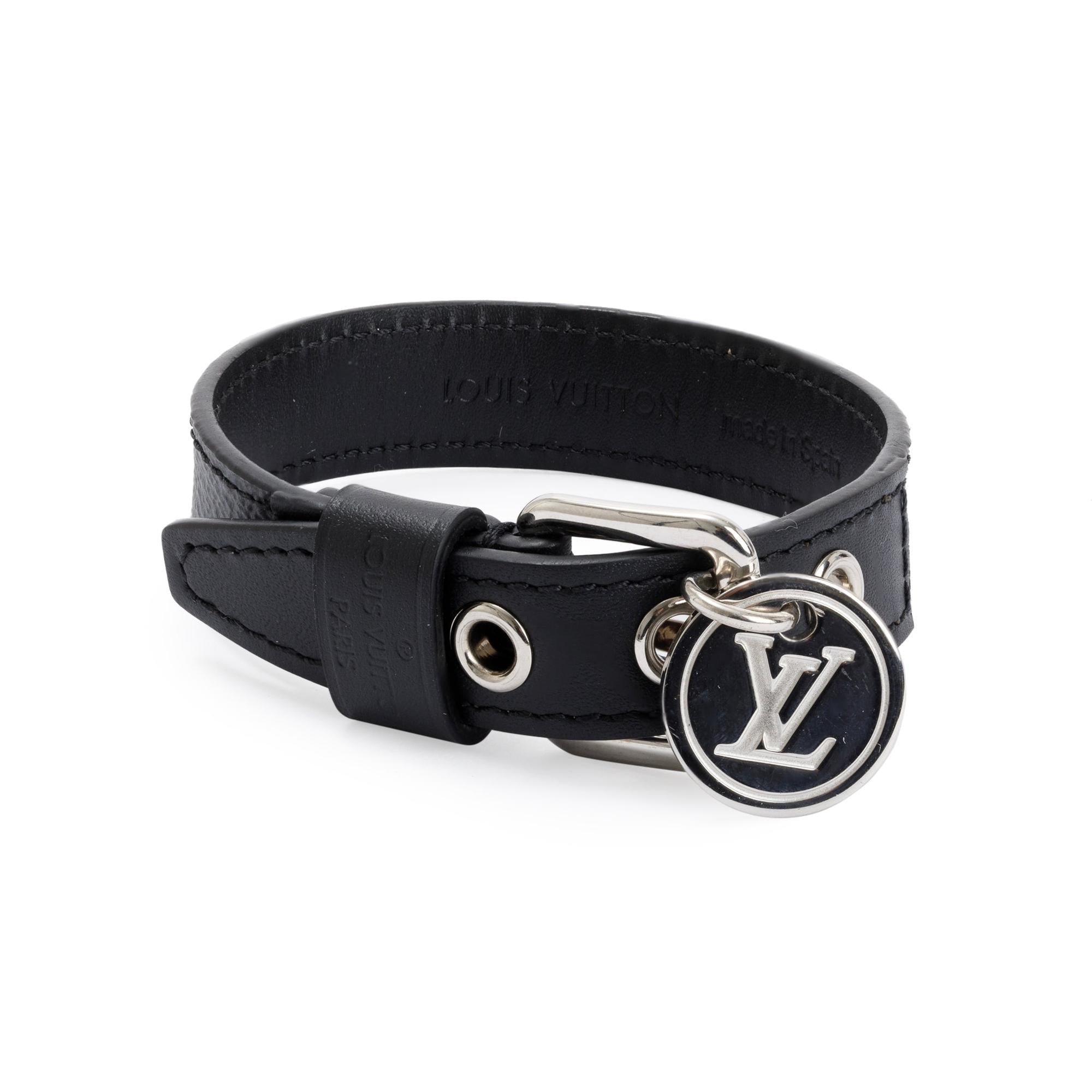 Louis Vuitton Black Leather Damier Graphite In Step Charm Bracelet w/ Box
