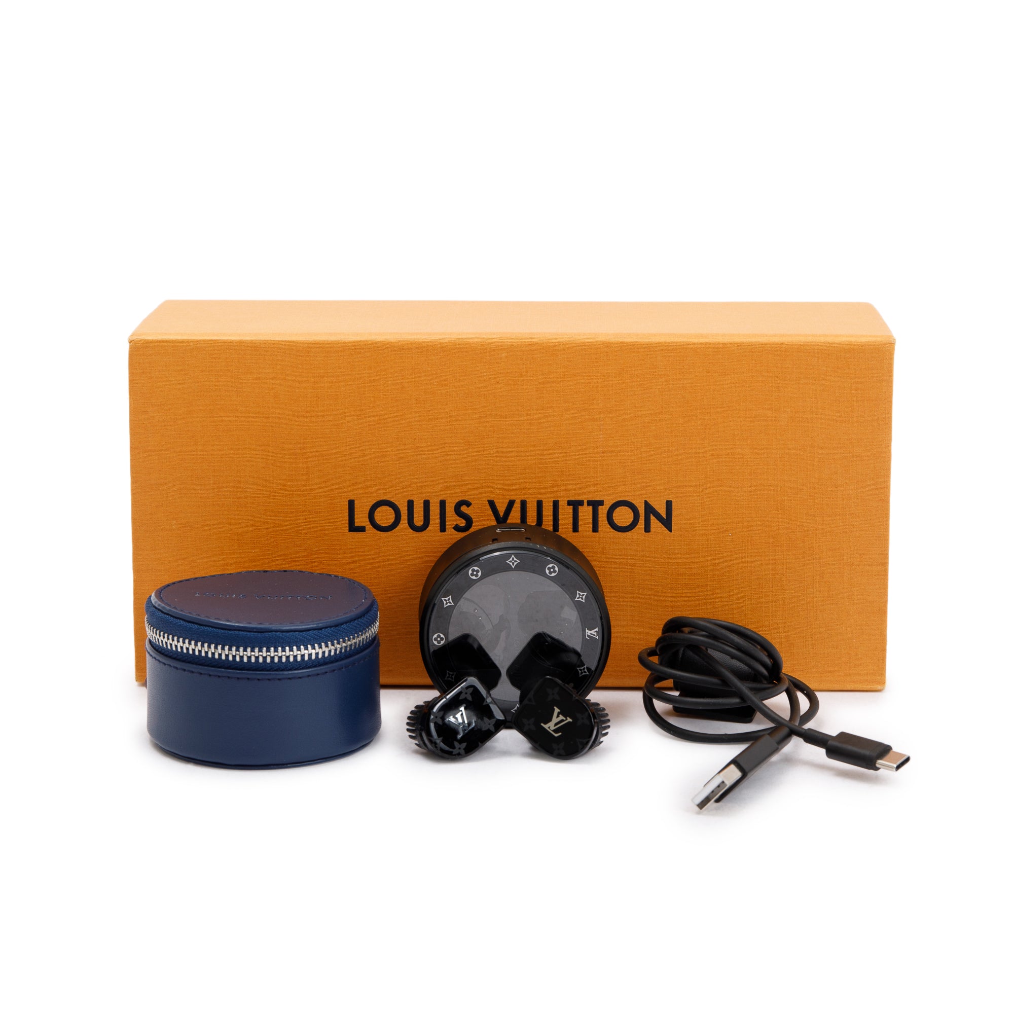 Louis Vuitton Black Monogram Horizon Wireless Earphones w/ Box & Accessories