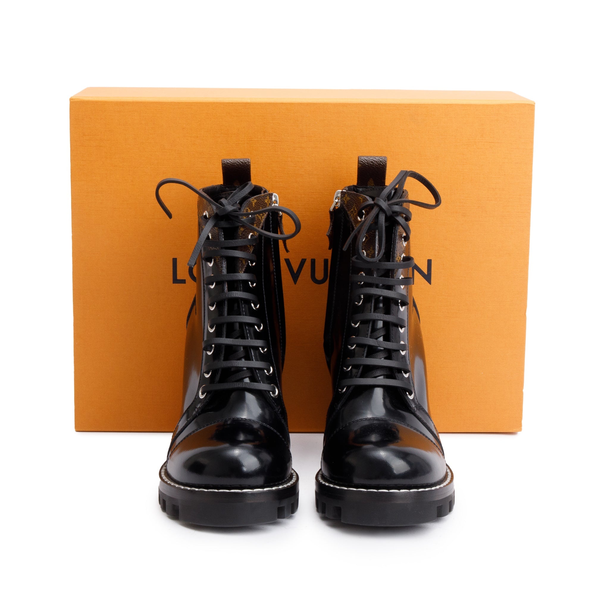 Louis Vuitton Black Patent Leather Monogram Trim Star Trail Combat Boots, Size 7.5 w/ Box & Receipt