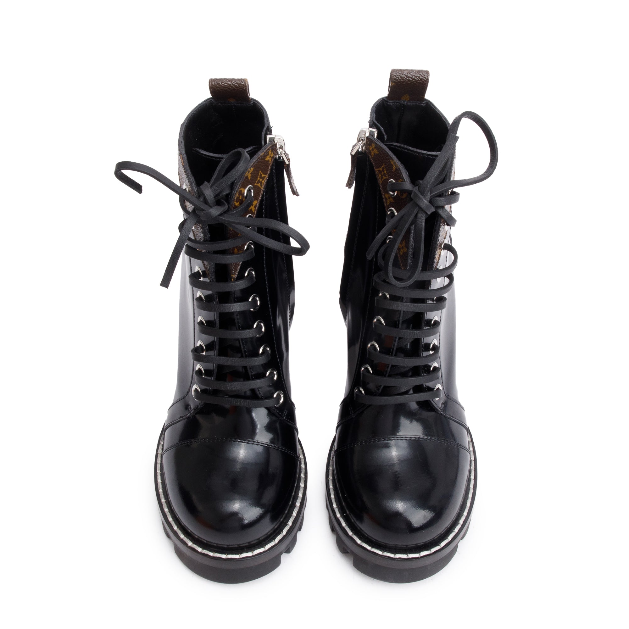 Louis Vuitton Black Patent Leather Monogram Trim Star Trail Combat Boots, Size 7.5 w/ Box & Receipt
