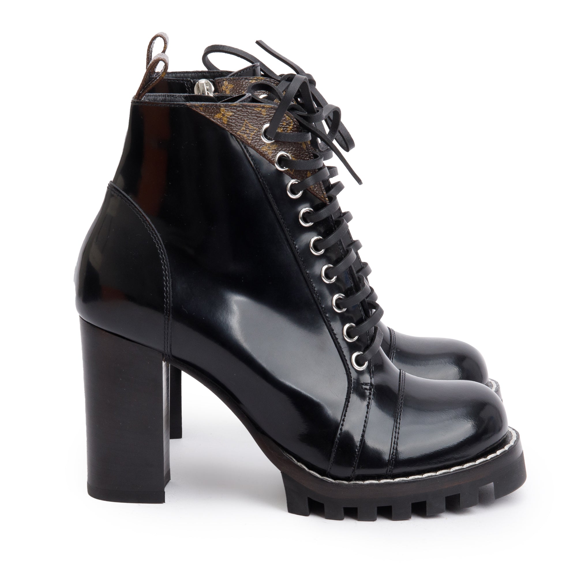 Louis Vuitton Black Patent Leather Monogram Trim Star Trail Combat Boots, Size 7.5 w/ Box & Receipt