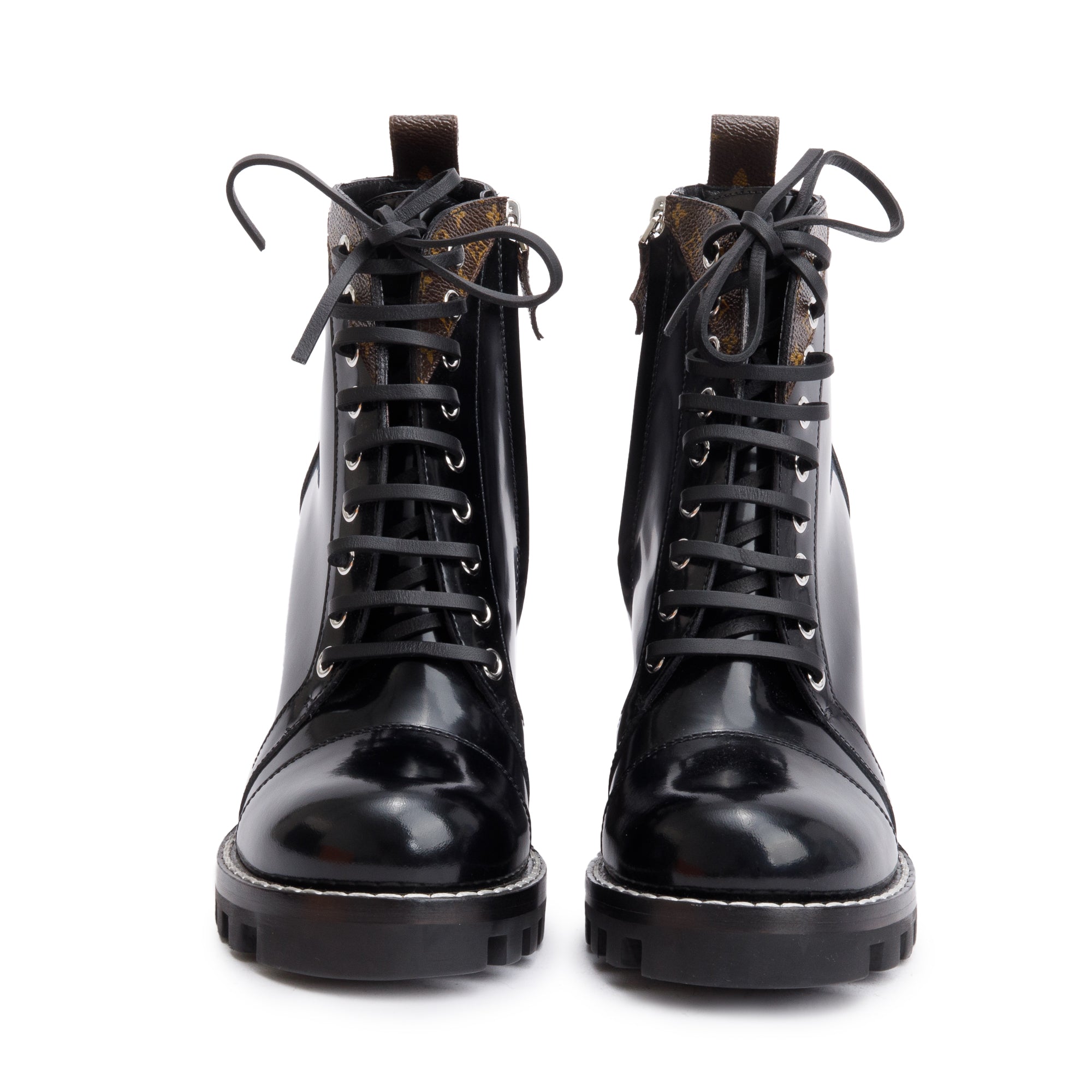 Louis Vuitton Black Patent Leather Monogram Trim Star Trail Combat Boots, Size 7.5 w/ Box & Receipt