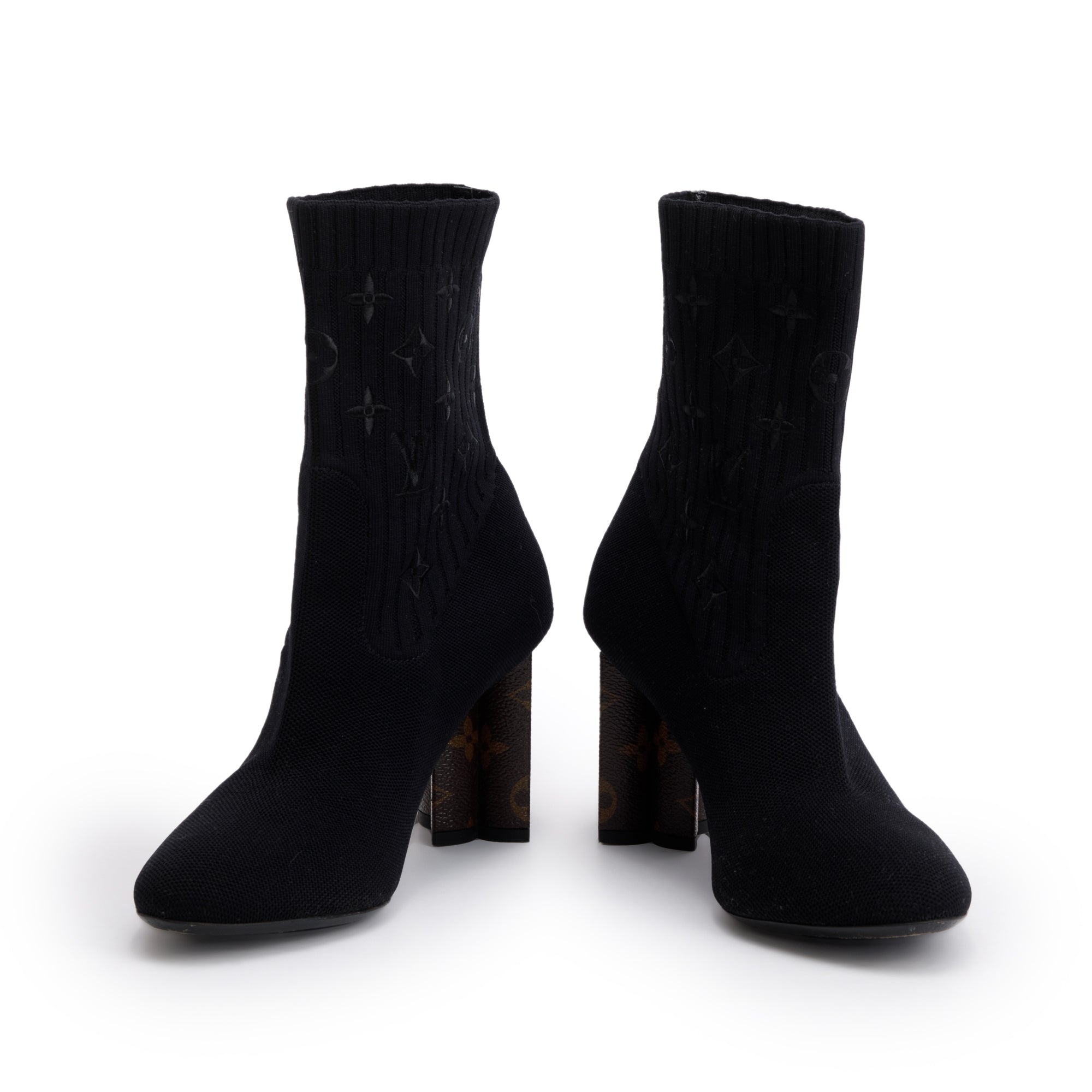 Louis Vuitton Black Stretch Textile and Monogram Silhouette Ankle Boots, Size 38.5