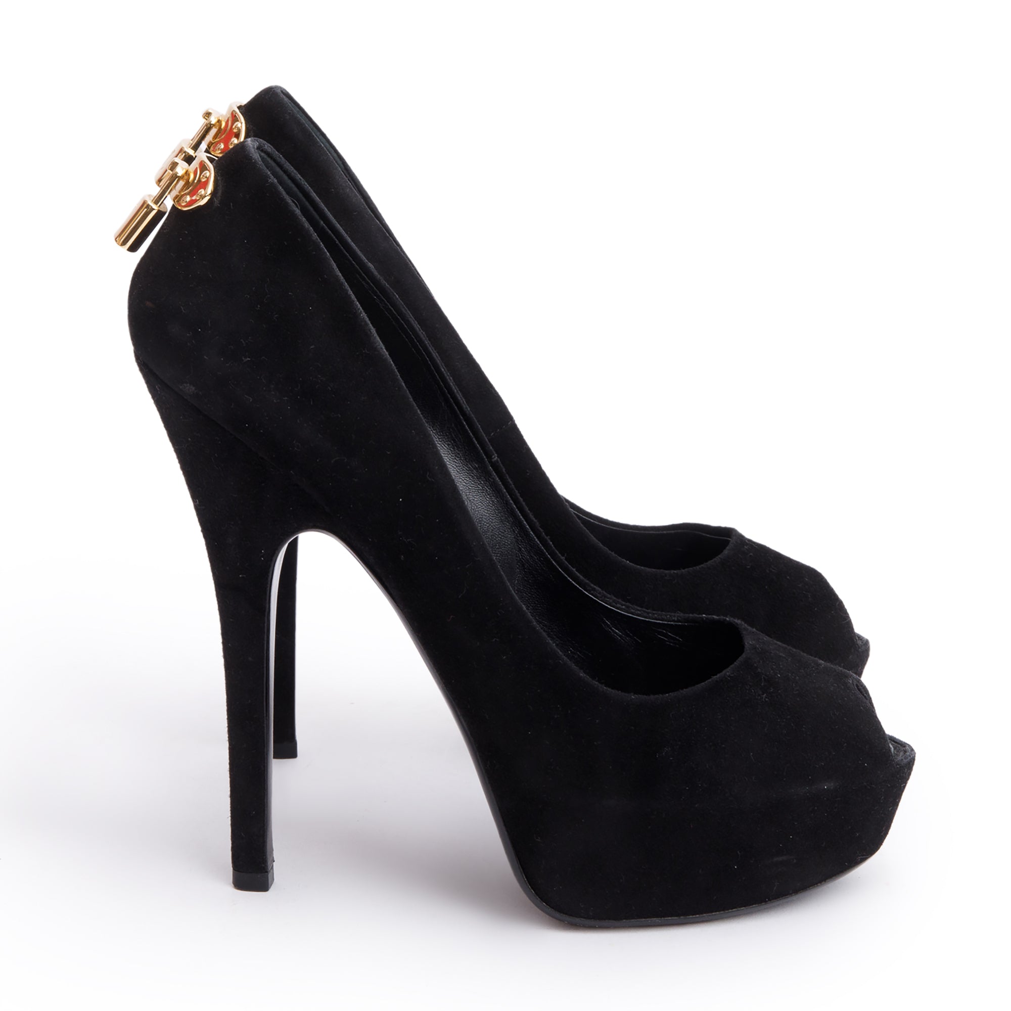 Louis Vuitton Black Suede Gold Heel Oh Really Peep Toe Pumps, Size 40