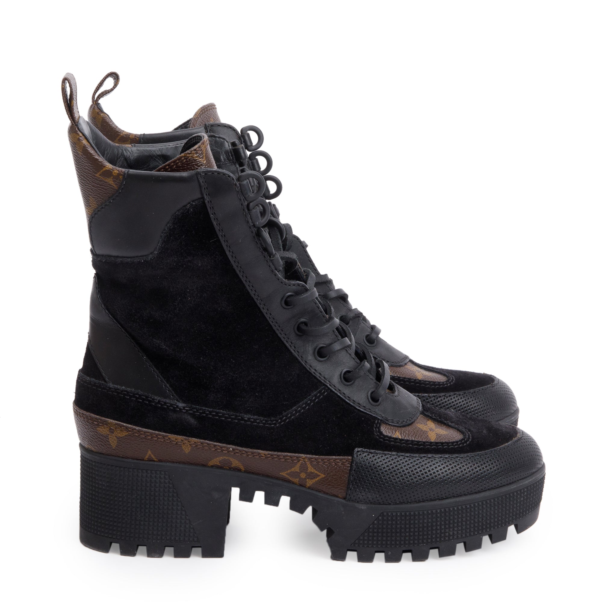 Louis Vuitton Black Suede Monogram Trim Laureate Platform Desert Boots, Size 38