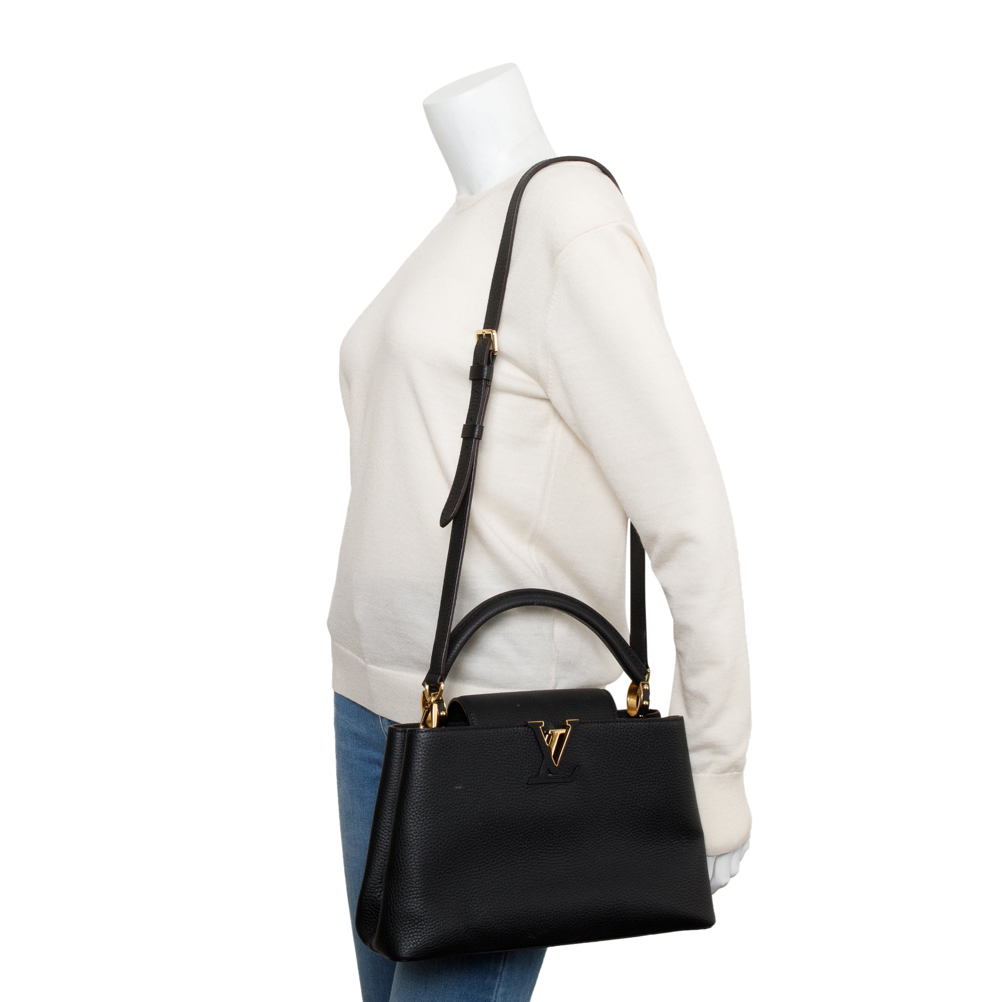 Louis Vuitton Black Taurillon Leather Capucines PM w/ Strap