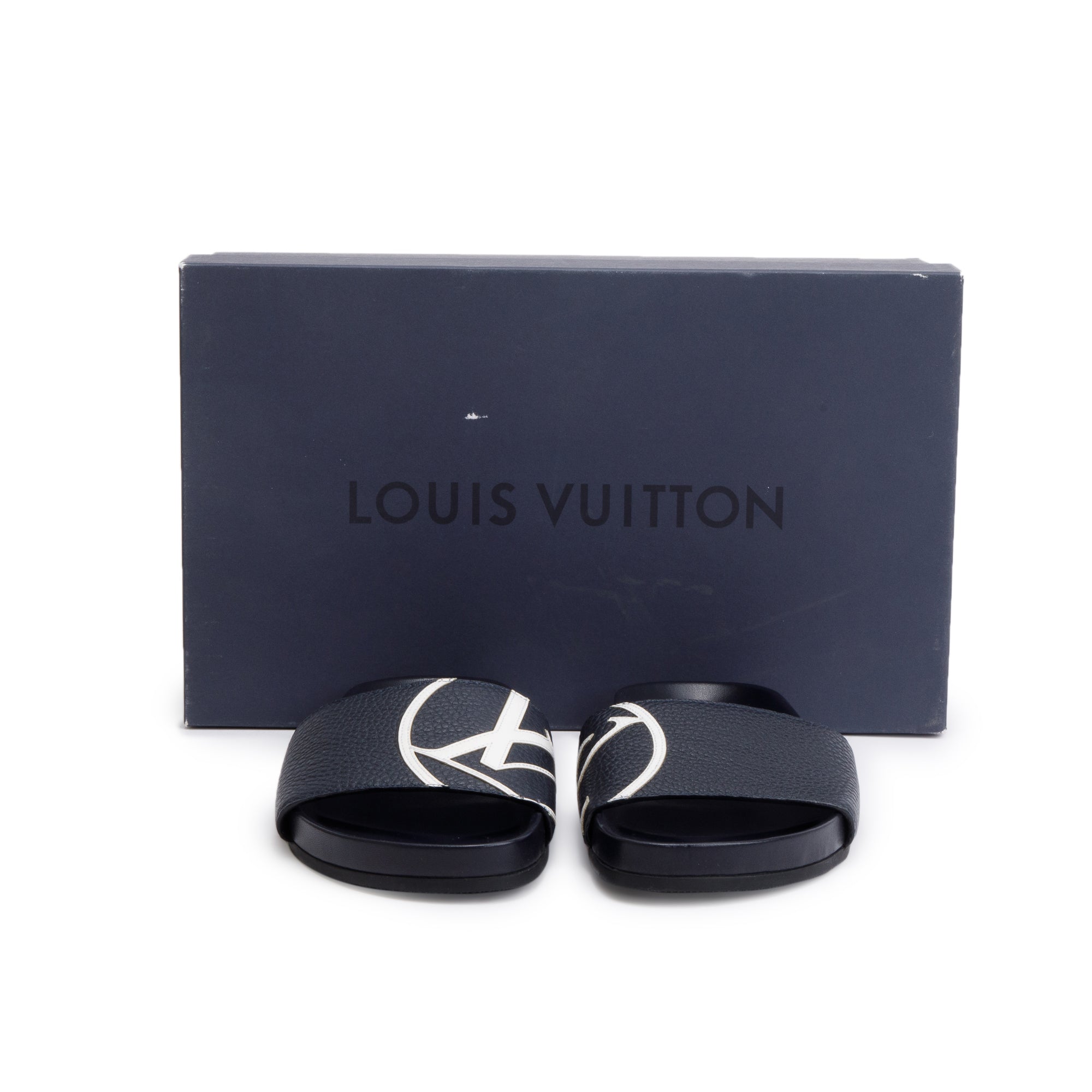 Louis Vuitton Blue Leathr Rubber Mirabeau Slides, Size 5 w/ Box