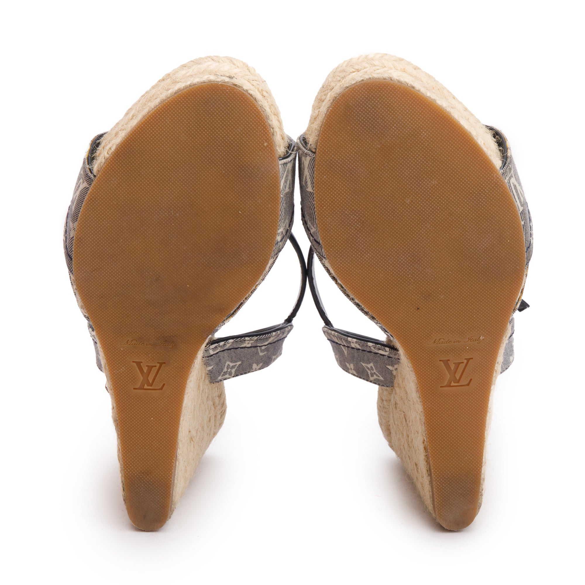 Louis Vuitton Blue Monogram Denim Wedge Espadrille Sandals, Size 36